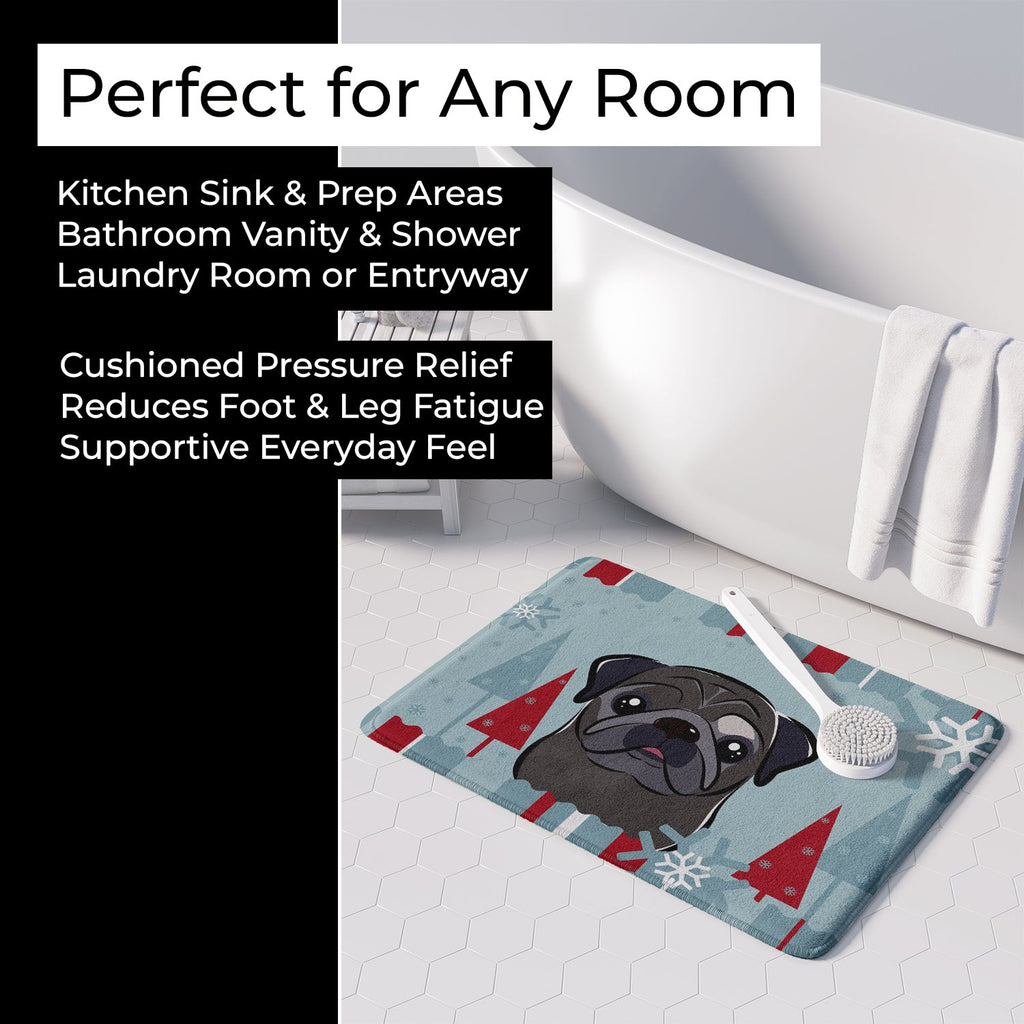 Winter Holiday Black Pug Memory Foam Kitchen Mat Machine Washable Anti-Fatigue Cushion Comfort Bath or Kitchen Rug