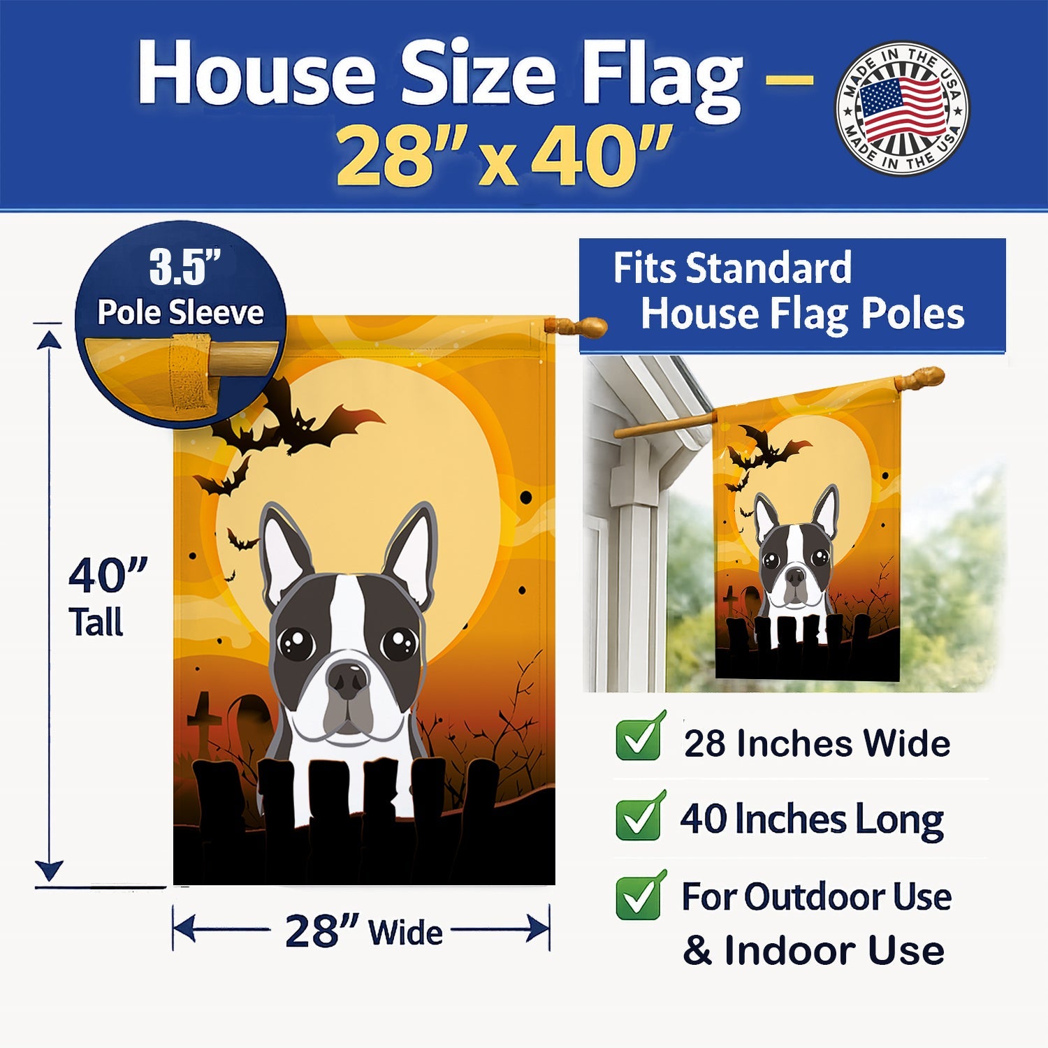 Halloween Boston Terrier House Flag 28x40 Porch Sleeve Pole Decorative Outside Yard Banner Artwork Wall Hanging, Polyester
