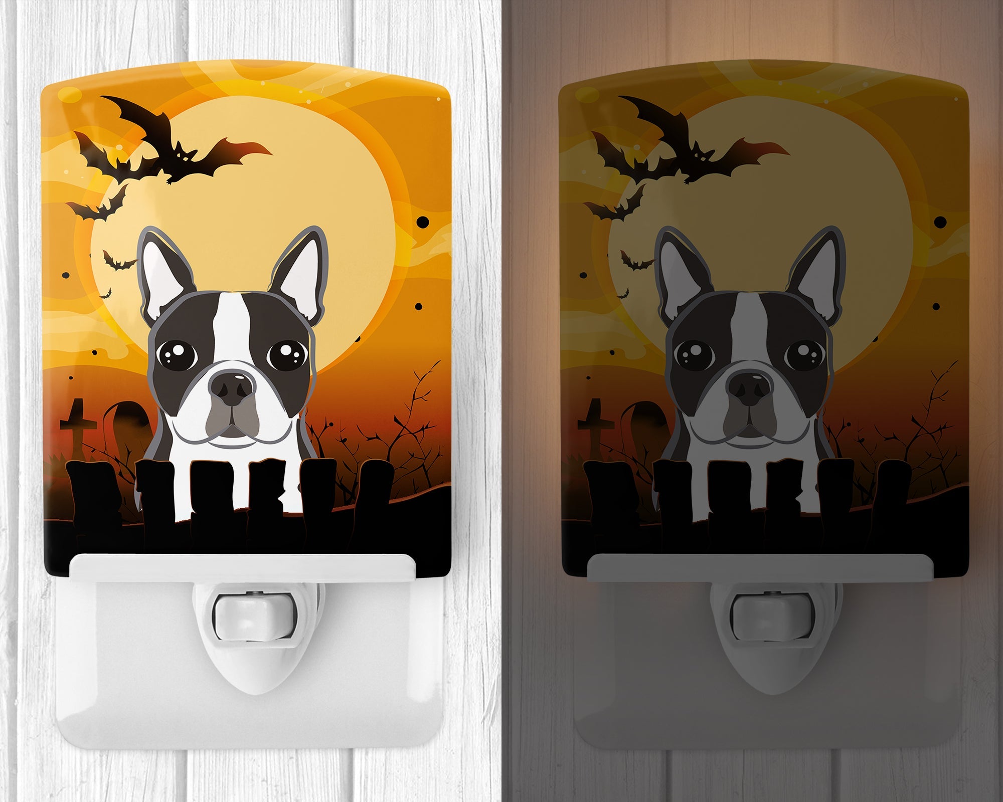 Halloween Boston Terrier Ceramic Night Light Compact, UL-Certified, Ideal for Bedroom, Bathroom, Nursery, Hallway, Kitchen, 6x4x3, Multicolor