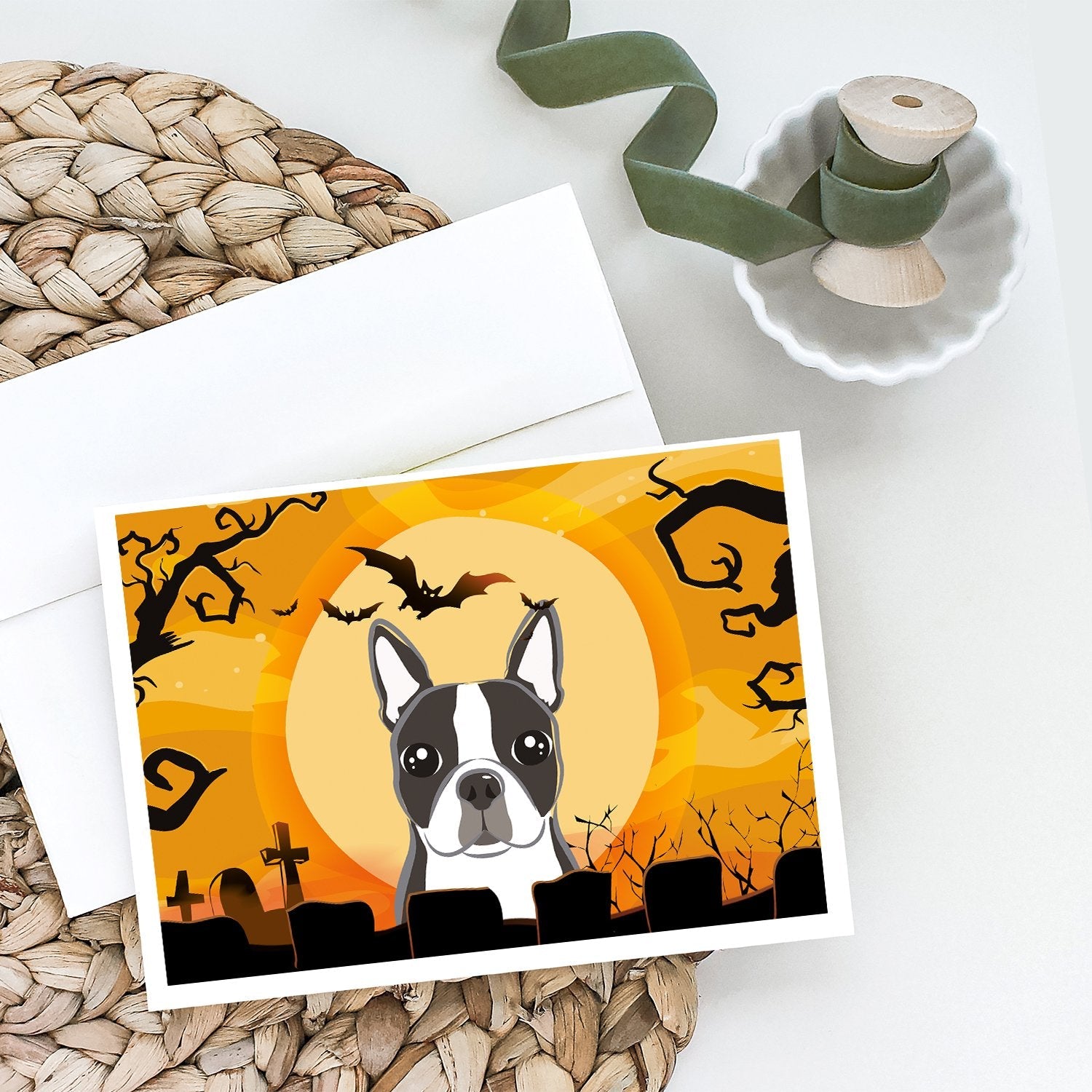 Halloween Boston Terrier Greeting Cards Pack of 8 Blank Cards with Envelopes Whimsical A7 Size 5x7