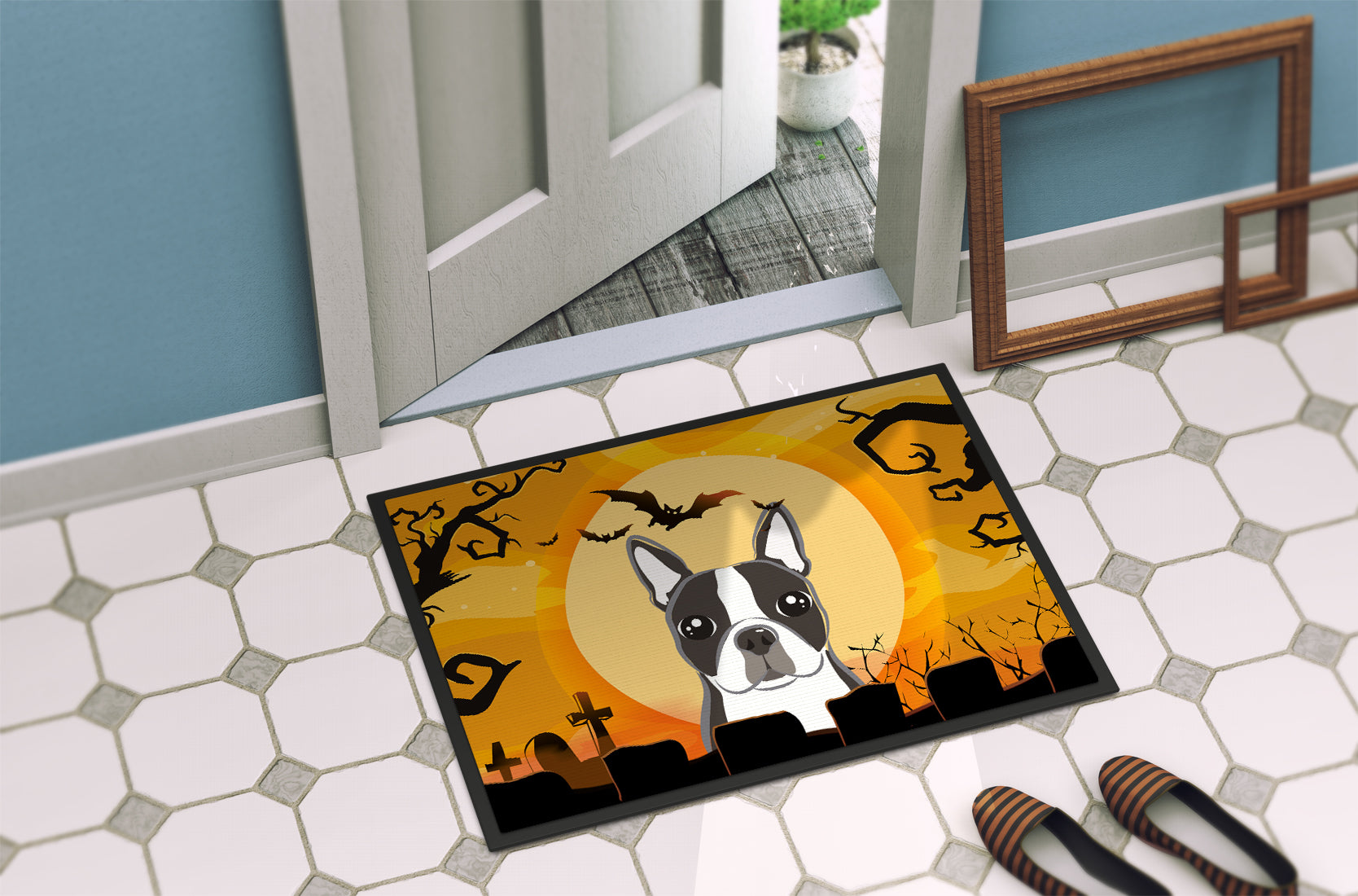 Halloween Boston Terrier Doormat Indoor Outdoor 24H X 36W Front Door Mat Rugs for Entryway, Non Slip Washable Low Pile,
