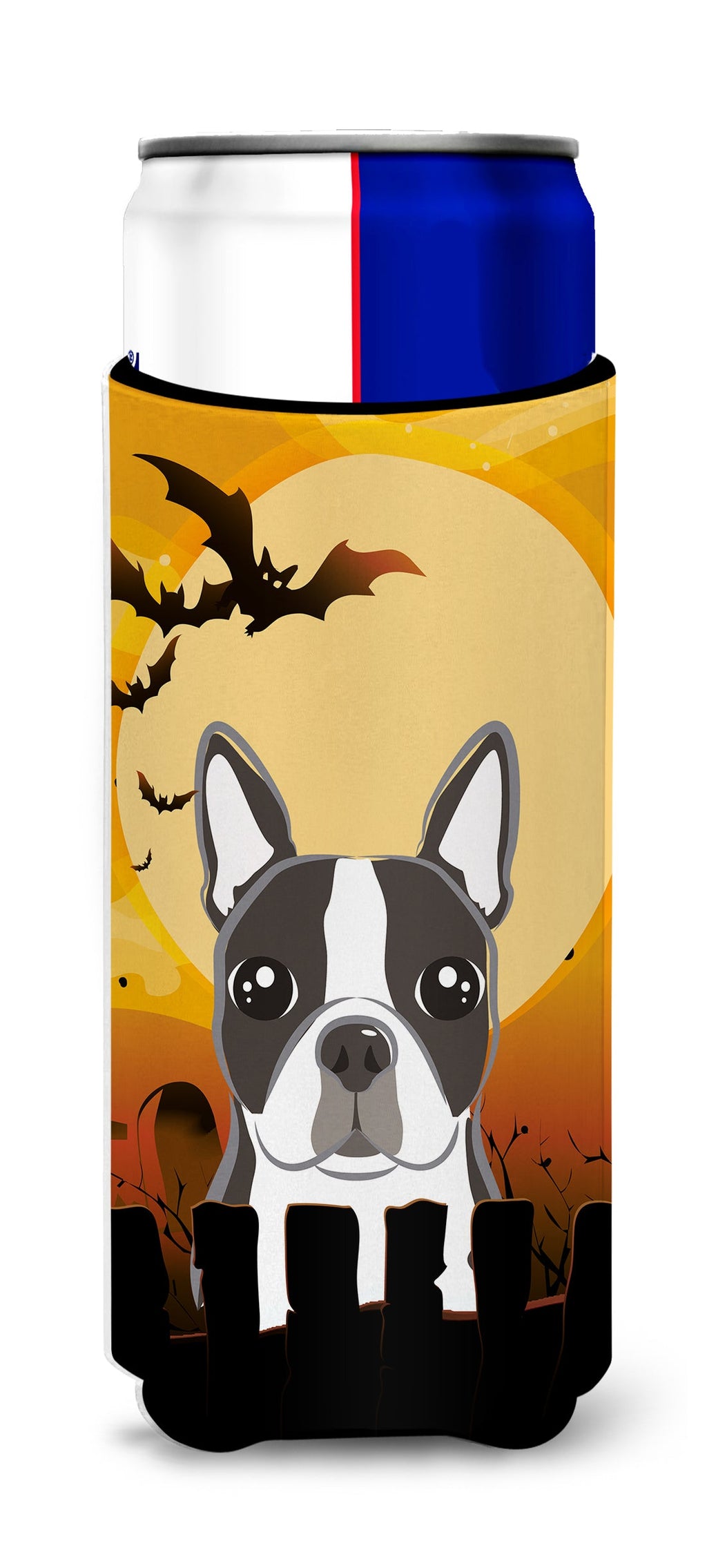 Halloween Boston Terrier Slim Can Hugger , Insulated Foam Hugger for 12 oz Slim Cans, Beer Bottles & Water Bottles, Printed in USA