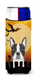 Halloween Boston Terrier Slim Can Hugger , Insulated Foam Hugger for 12 oz Slim Cans, Beer Bottles & Water Bottles, Printed in USA
