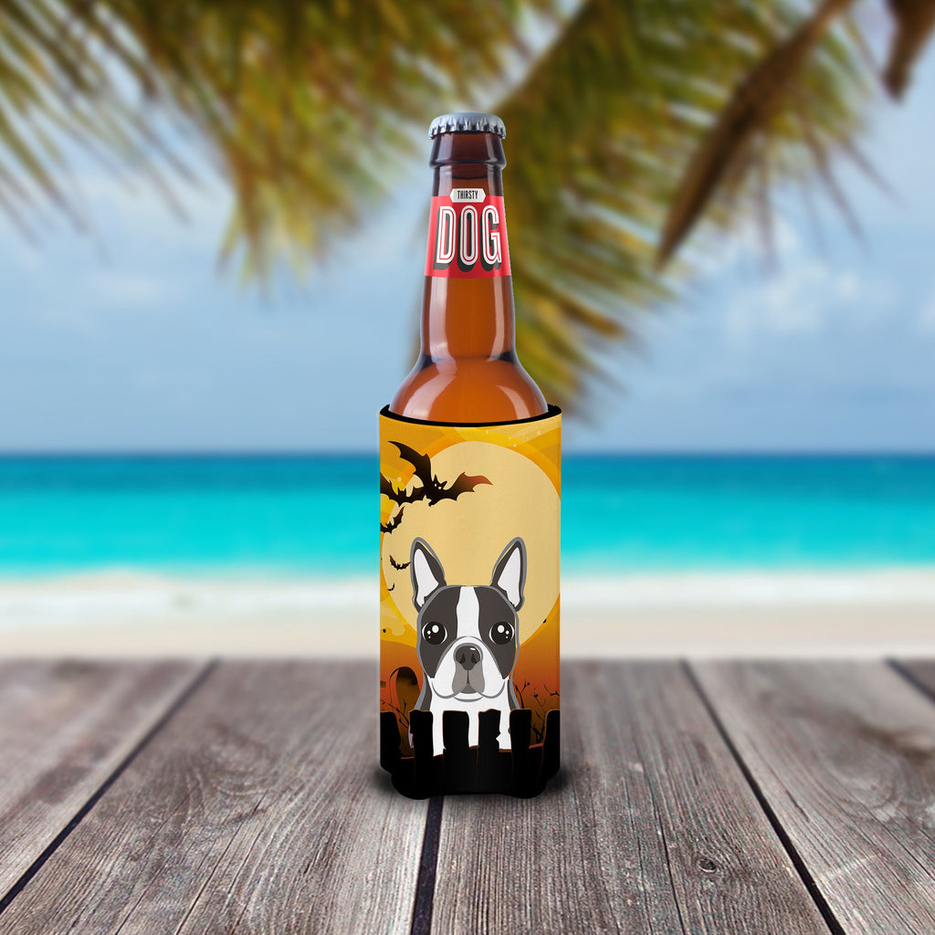 Halloween Boston Terrier Slim Can Hugger , Insulated Foam Hugger for 12 oz Slim Cans, Beer Bottles & Water Bottles, Printed in USA
