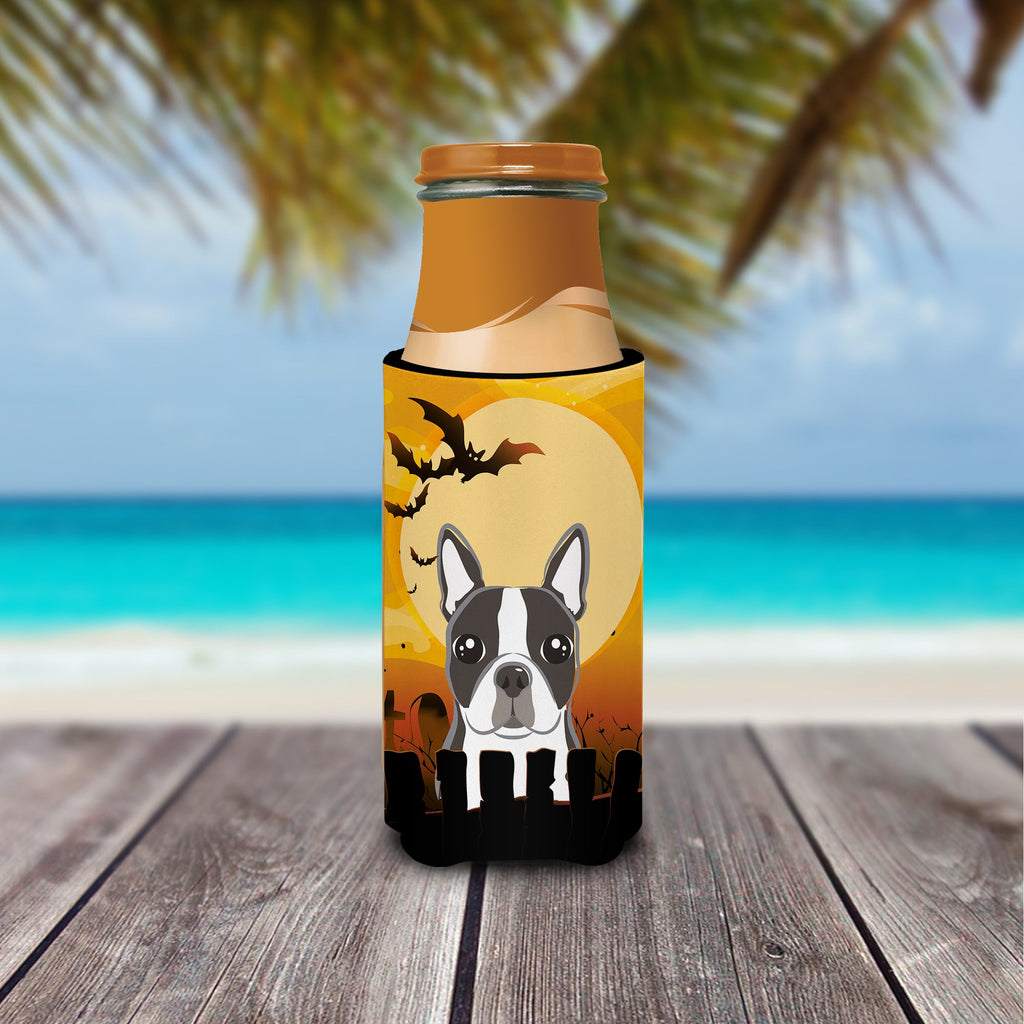 Halloween Boston Terrier Slim Can Hugger , Insulated Foam Hugger for 12 oz Slim Cans, Beer Bottles & Water Bottles, Printed in USA