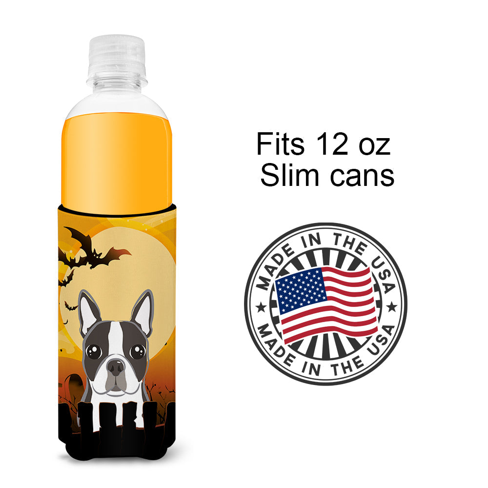 Halloween Boston Terrier Slim Can Hugger , Insulated Foam Hugger for 12 oz Slim Cans, Beer Bottles & Water Bottles, Printed in USA