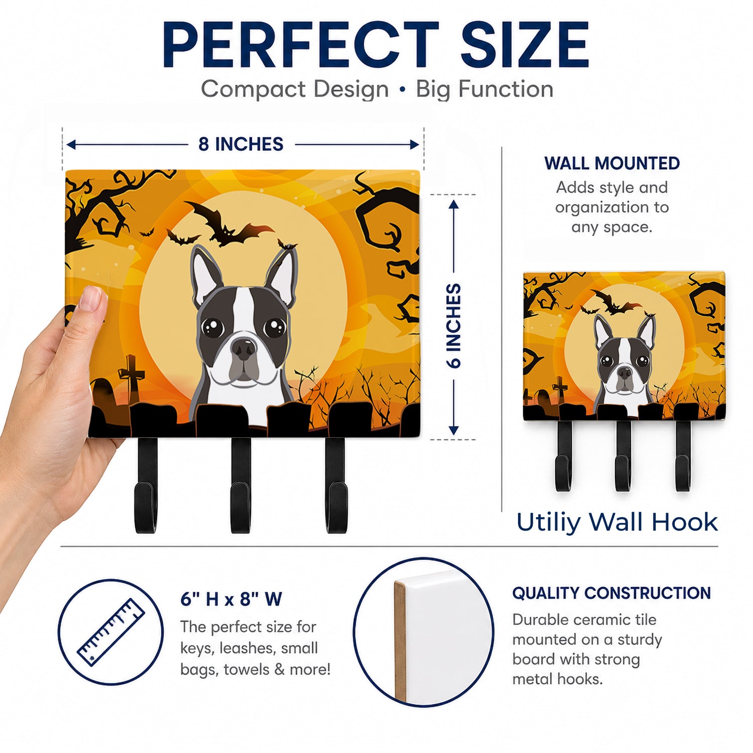 Halloween Boston Terrier Leash or Key Holder Wall Hooks, Coat Rack Wall Mount, for Hanging Keys, Towels, Aprons, Leashes