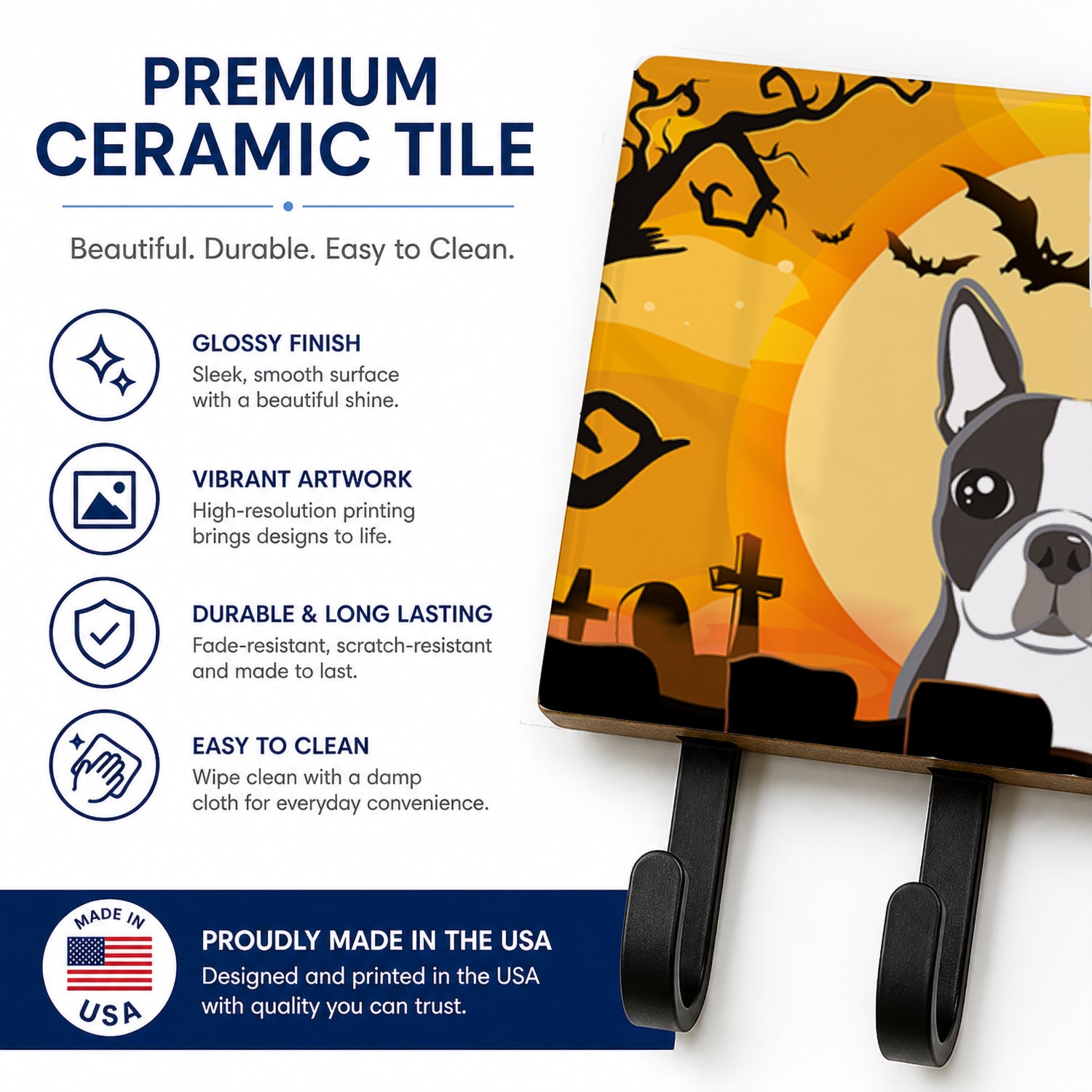 Halloween Boston Terrier Leash or Key Holder Wall Hooks, Coat Rack Wall Mount, for Hanging Keys, Towels, Aprons, Leashes