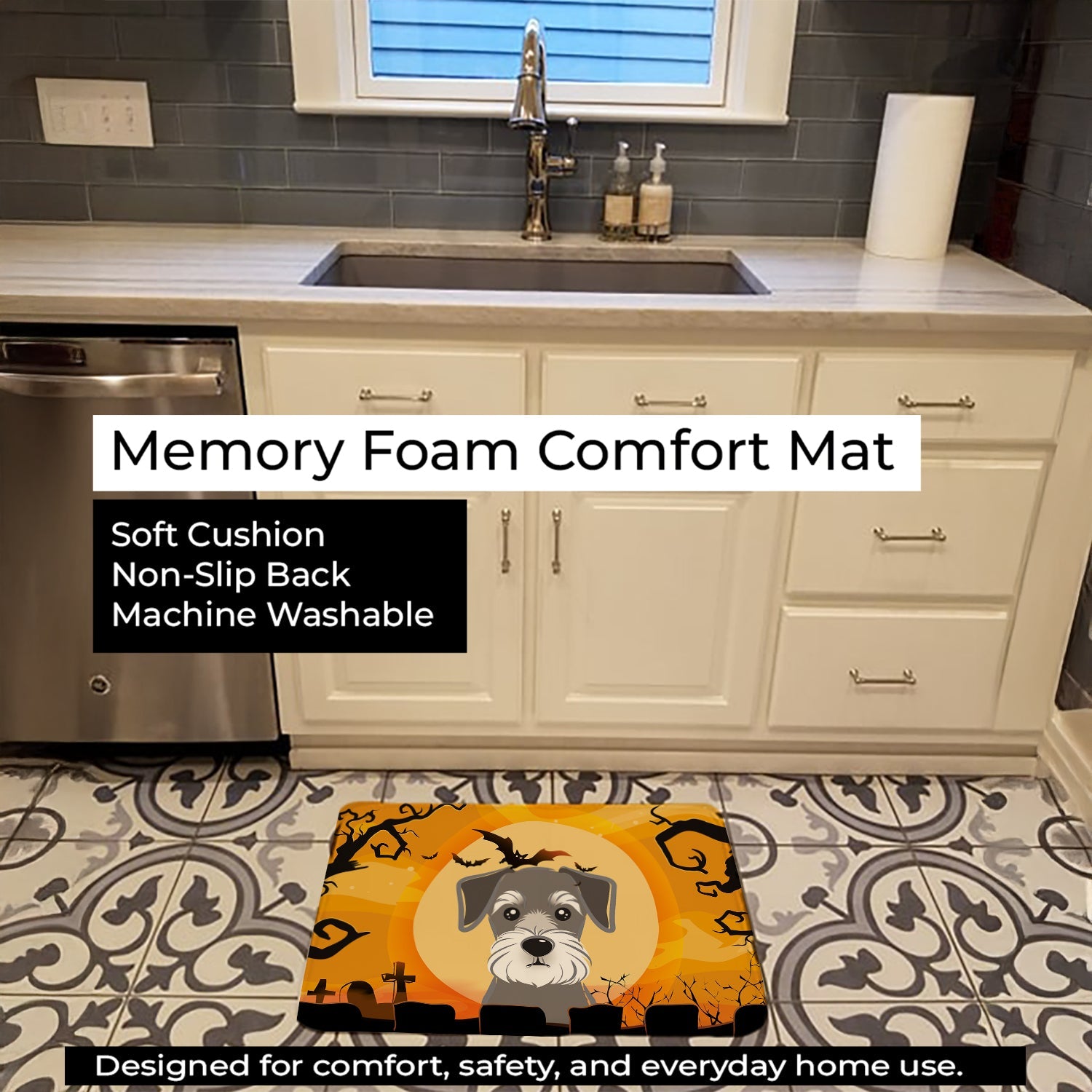 Halloween Schnauzer Memory Foam Kitchen Mat Machine Washable Anti-Fatigue Cushion Comfort Bath or Kitchen Rug