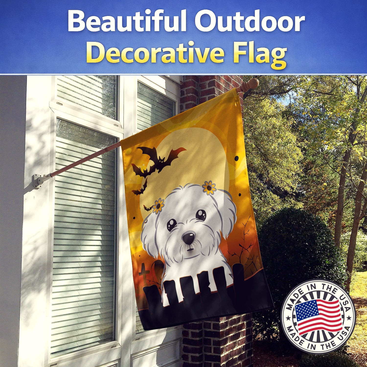 Halloween Maltese House Flag 28x40 Porch Sleeve Pole Decorative Outside Yard Banner Artwork Wall Hanging, Polyester