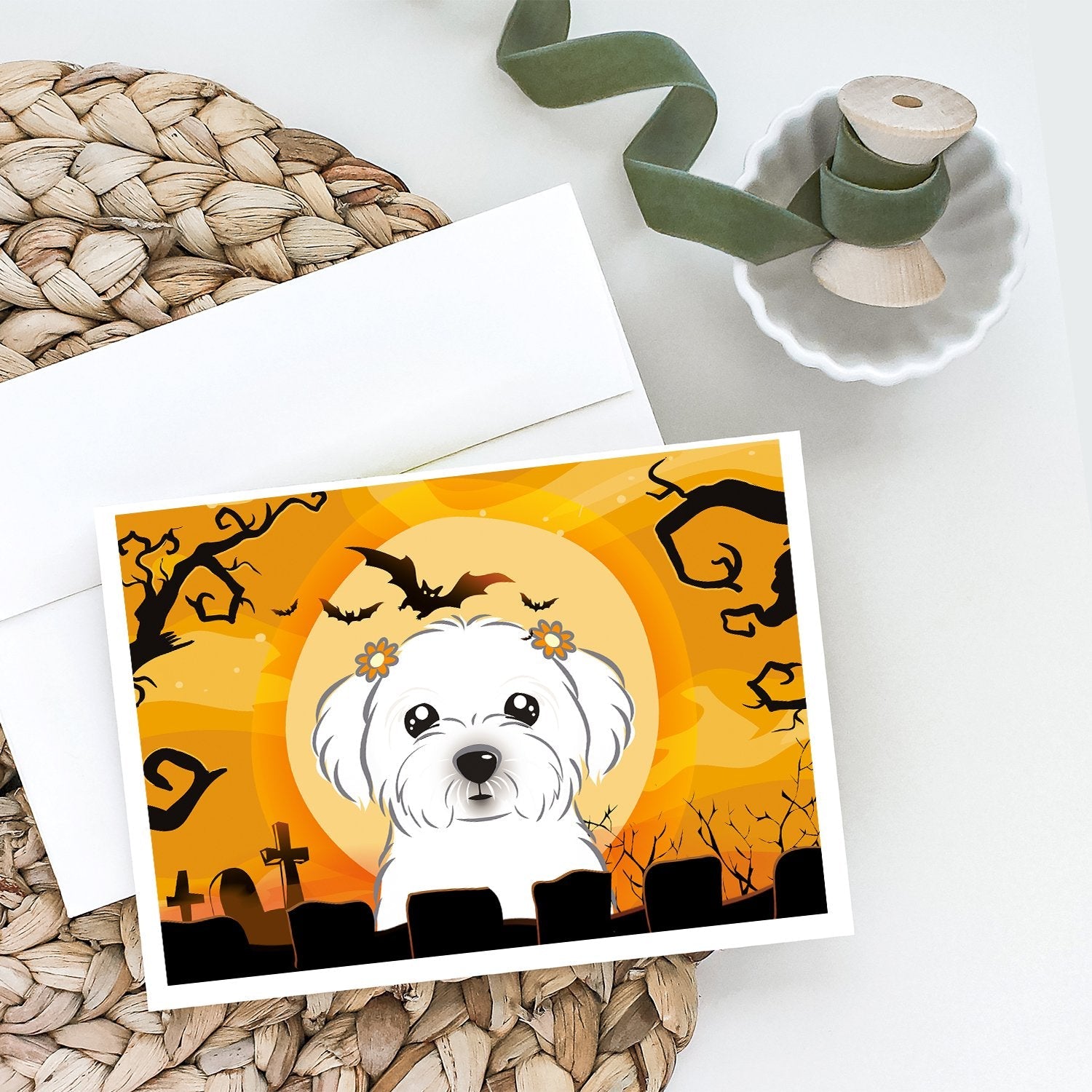 Halloween Maltese Greeting Cards Pack of 8 Blank Cards with Envelopes Whimsical A7 Size 5x7