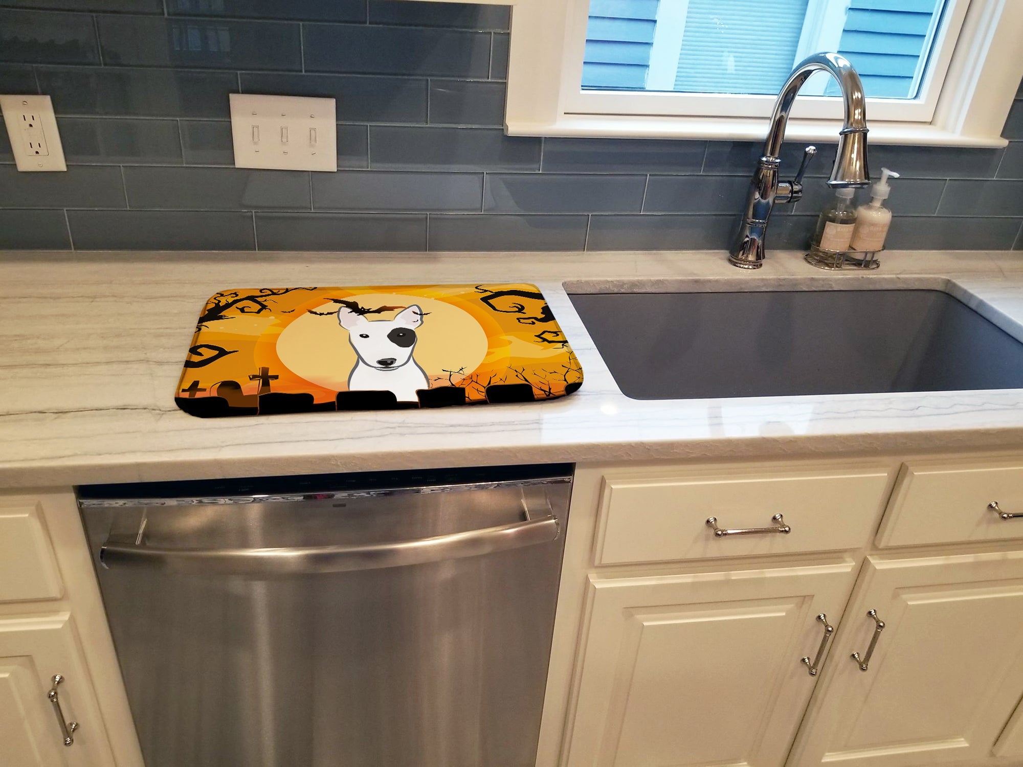 Halloween Bull Terrier Dish Drying Mat Absorbent Dish Drying Mat Pad for Kitchen Counter Dish Drainer Mat for Countertop, 14 x 21", Multicolor