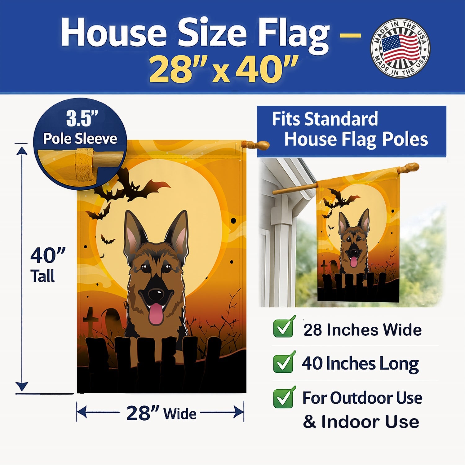 Halloween German Shepherd House Flag 28x40 Porch Sleeve Pole Decorative Outside Yard Banner Artwork Wall Hanging, Polyester