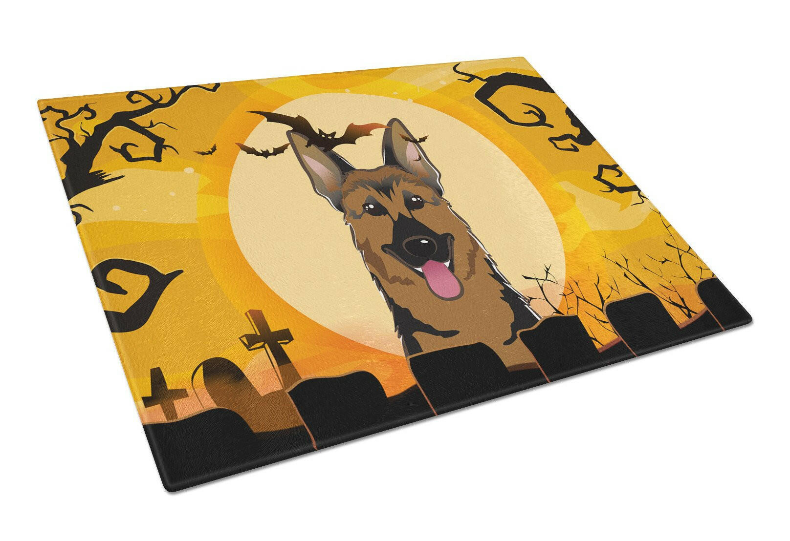 Halloween German Shepherd Cutting Board Tempered Glass Kitchen Cutting Surface, Heat Resistant Chopping, Non-Slip Feet, Food Prep & Serving
