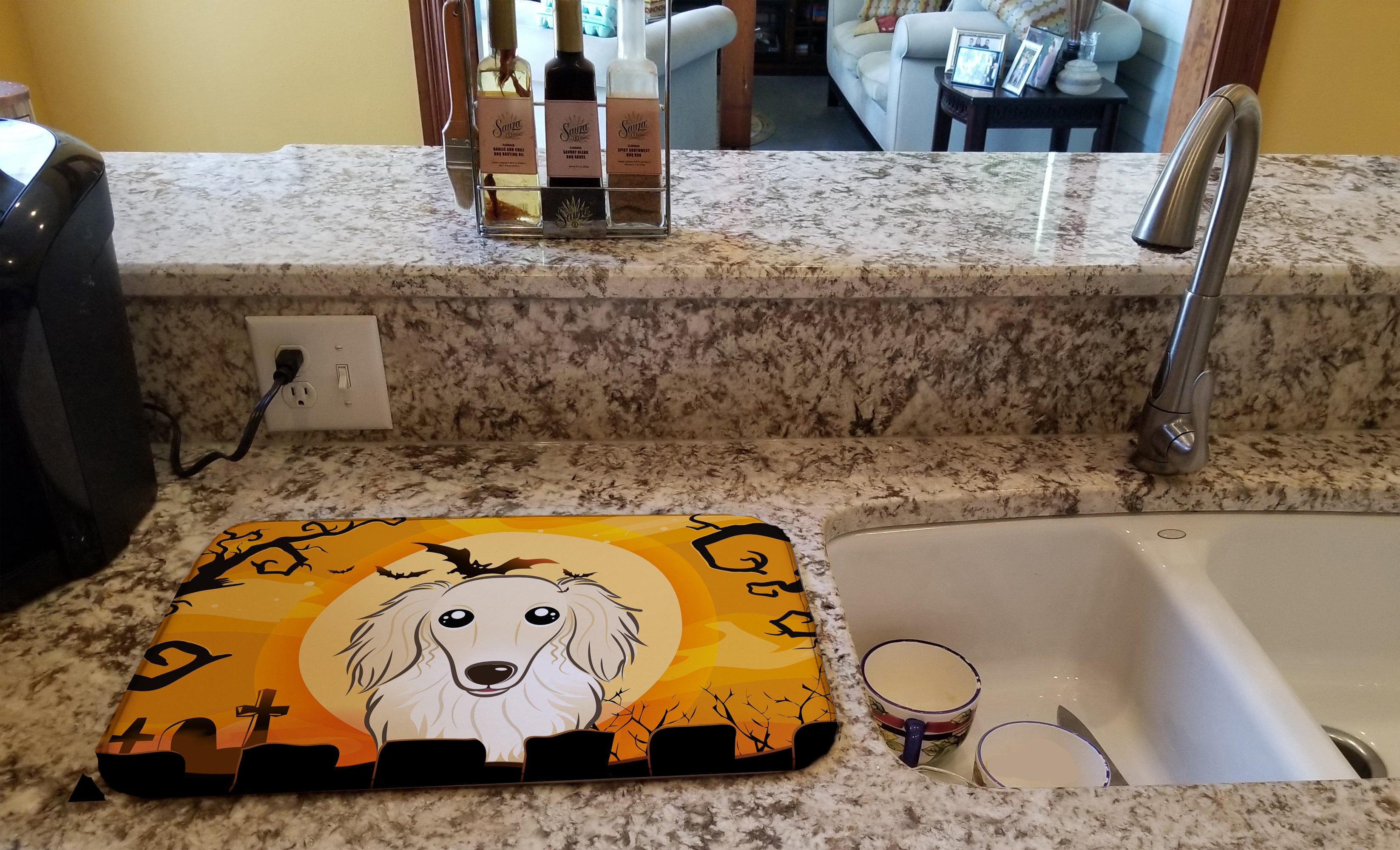 Halloween Longhair Creme Dachshund Dish Drying Mat Absorbent Dish Drying Mat Pad for Kitchen Counter Dish Drainer Mat for Countertop, 14 x 21", Multicolor