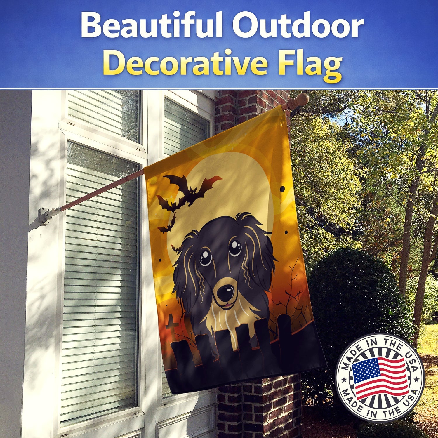 Halloween Longhair Black and Tan Dachshund House Flag 28x40 Porch Sleeve Pole Decorative Outside Yard Banner Artwork Wall Hanging, Polyester