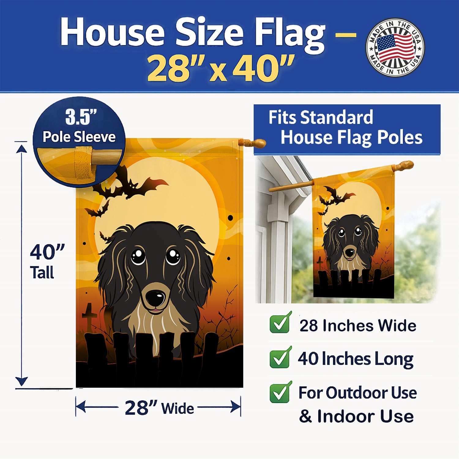 Halloween Longhair Black and Tan Dachshund House Flag 28x40 Porch Sleeve Pole Decorative Outside Yard Banner Artwork Wall Hanging, Polyester