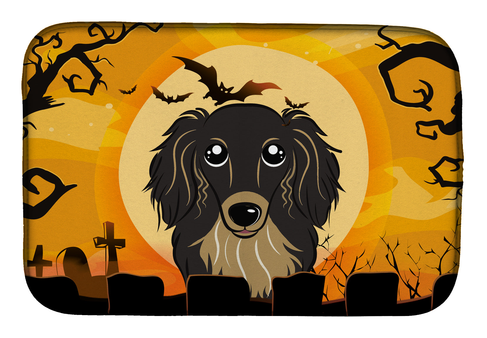 Halloween Longhair Black and Tan Dachshund Dish Drying Mat Absorbent Dish Drying Mat Pad for Kitchen Counter Dish Drainer Mat for Countertop, 14 x 21", Multicolor