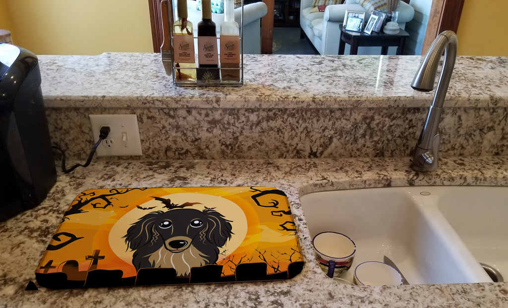Halloween Longhair Black and Tan Dachshund Dish Drying Mat Absorbent Dish Drying Mat Pad for Kitchen Counter Dish Drainer Mat for Countertop, 14 x 21", Multicolor
