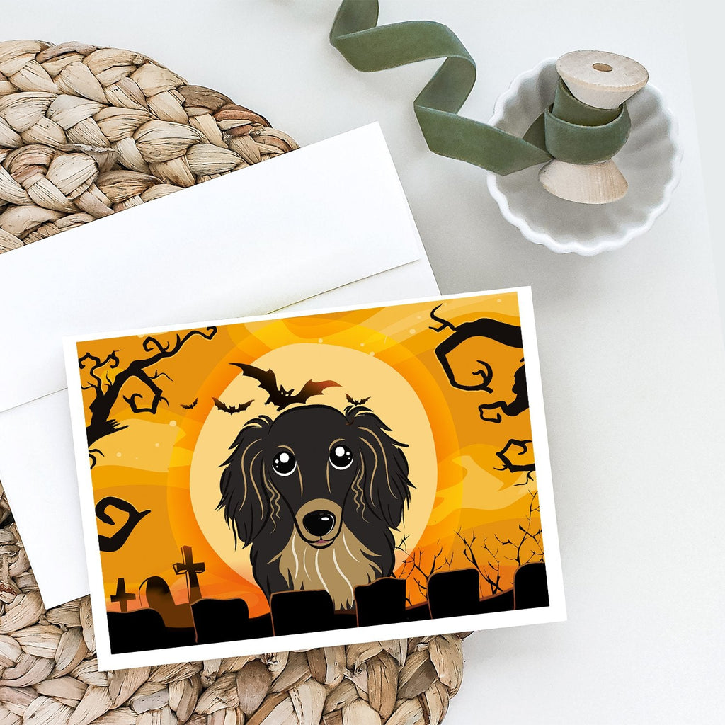 Halloween Longhair Black and Tan Dachshund Greeting Cards Pack of 8 Blank Cards with Envelopes Whimsical A7 Size 5x7