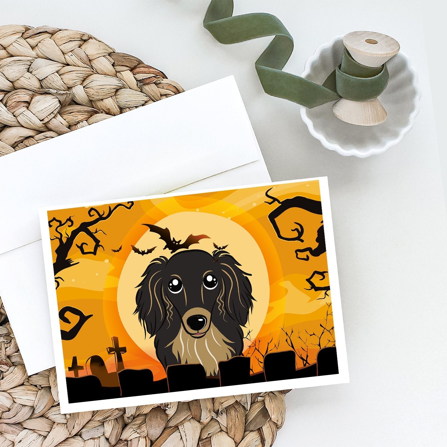 Halloween Longhair Black and Tan Dachshund Greeting Cards Pack of 8 Blank Cards with Envelopes Whimsical A7 Size 5x7