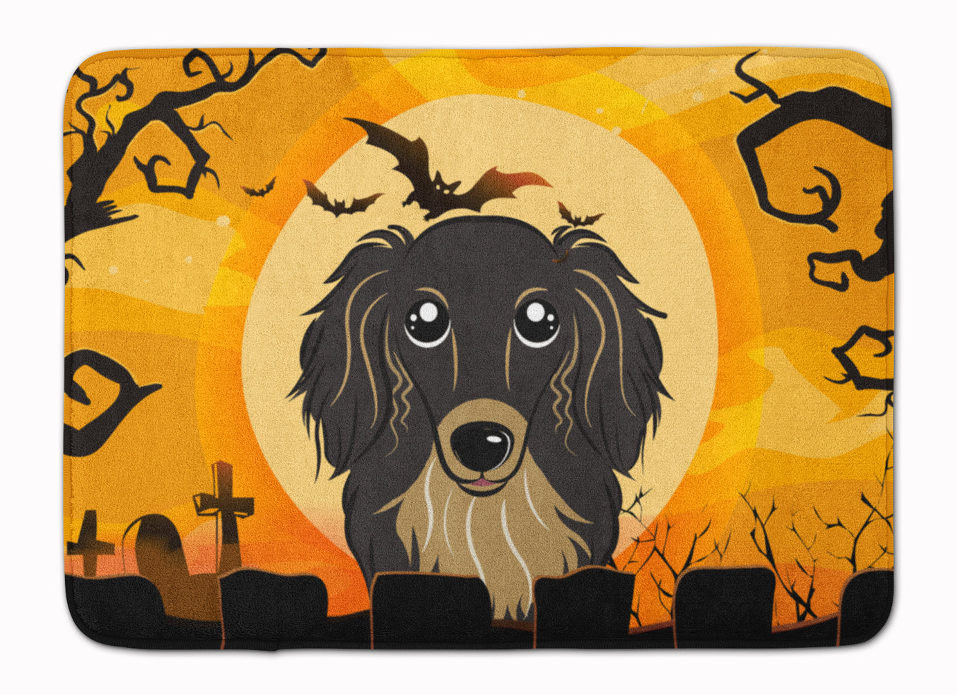 Halloween Longhair Black and Tan Dachshund Memory Foam Kitchen Mat Machine Washable Anti-Fatigue Cushion Comfort Bath or Kitchen Rug