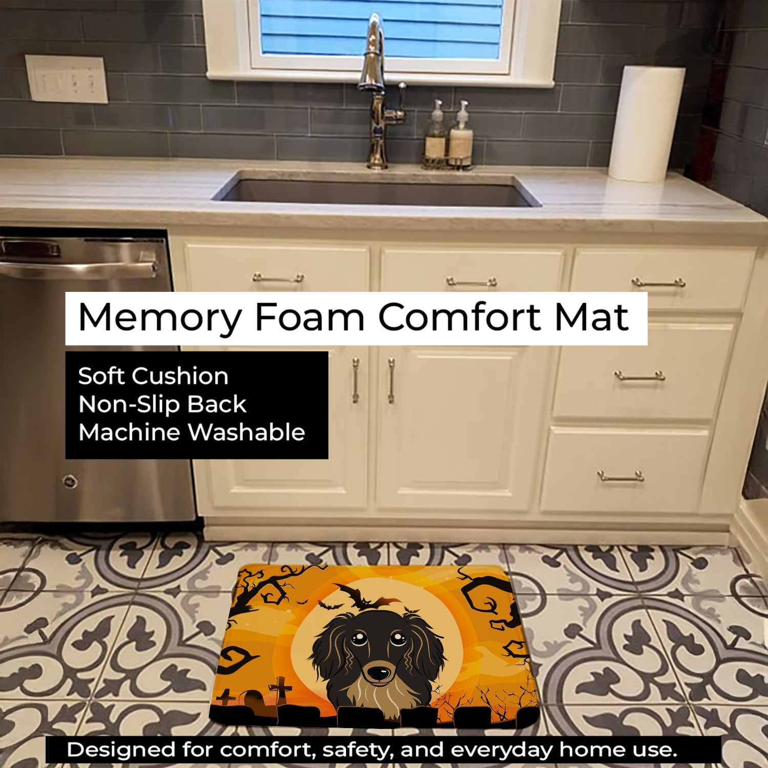 Halloween Longhair Black and Tan Dachshund Memory Foam Kitchen Mat Machine Washable Anti-Fatigue Cushion Comfort Bath or Kitchen Rug