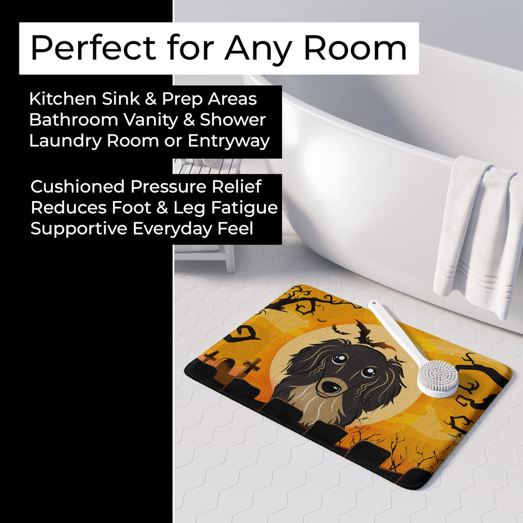 Halloween Longhair Black and Tan Dachshund Memory Foam Kitchen Mat Machine Washable Anti-Fatigue Cushion Comfort Bath or Kitchen Rug
