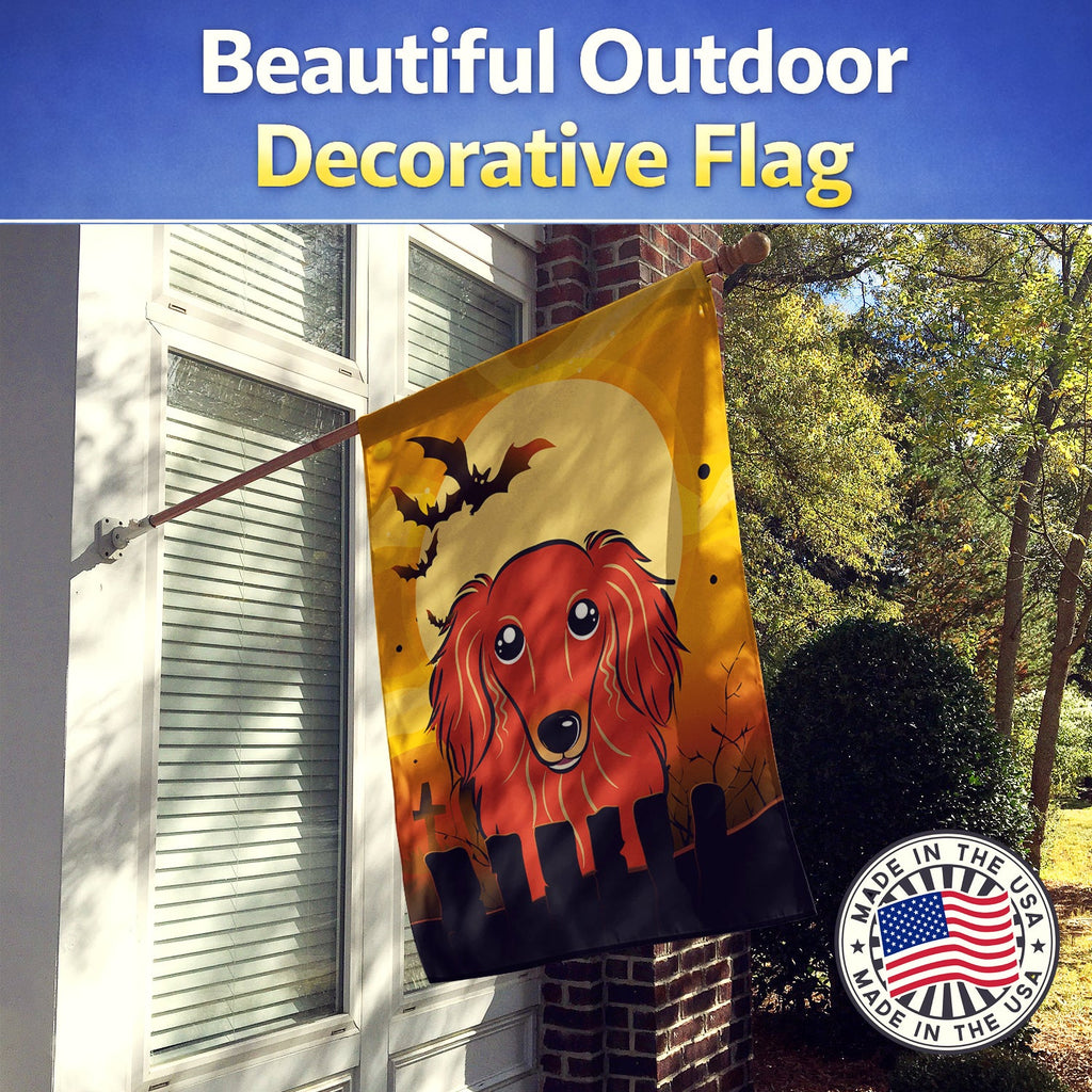 Halloween Longhair Red Dachshund House Flag 28x40 Porch Sleeve Pole Decorative Outside Yard Banner Artwork Wall Hanging, Polyester