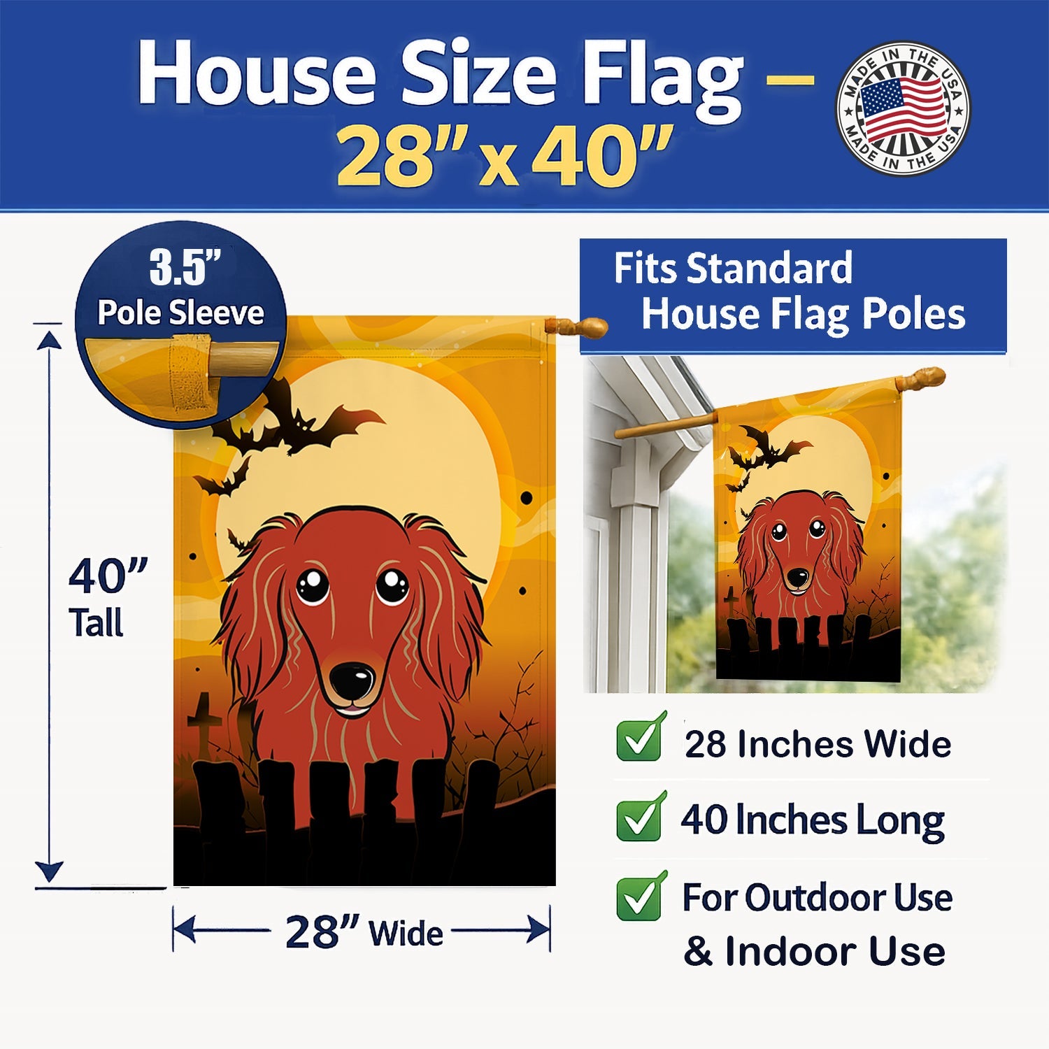 Halloween Longhair Red Dachshund House Flag 28x40 Porch Sleeve Pole Decorative Outside Yard Banner Artwork Wall Hanging, Polyester