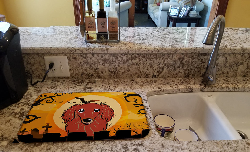 Halloween Longhair Red Dachshund Dish Drying Mat Absorbent Dish Drying Mat Pad for Kitchen Counter Dish Drainer Mat for Countertop, 14 x 21", Multicolor