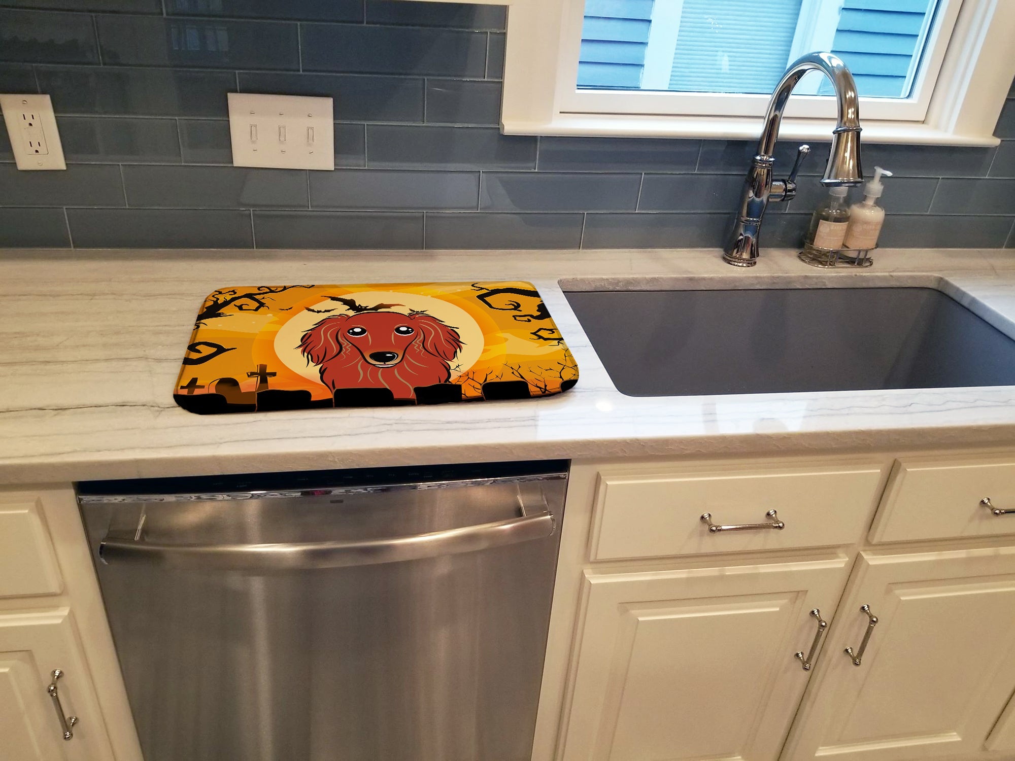 Halloween Longhair Red Dachshund Dish Drying Mat Absorbent Dish Drying Mat Pad for Kitchen Counter Dish Drainer Mat for Countertop, 14 x 21", Multicolor
