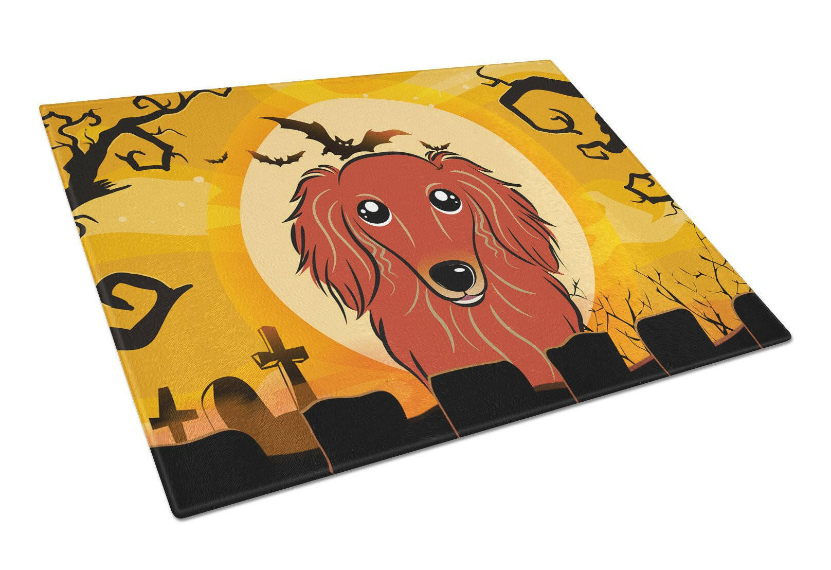 Halloween Longhair Red Dachshund Cutting Board Tempered Glass Kitchen Cutting Surface, Heat Resistant Chopping, Non-Slip Feet, Food Prep & Serving