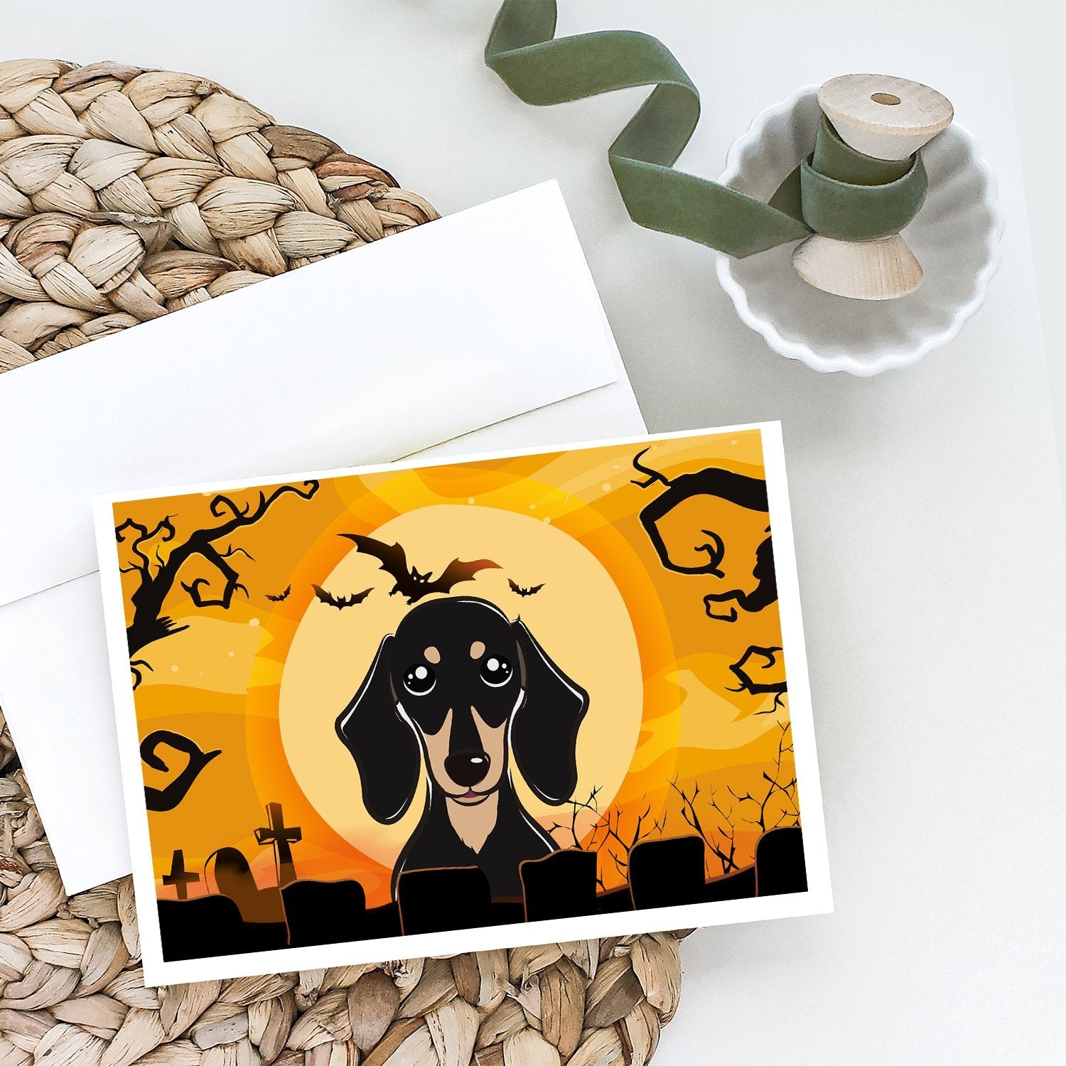 Halloween Smooth Black and Tan Dachshund Greeting Cards Pack of 8 Blank Cards with Envelopes Whimsical A7 Size 5x7