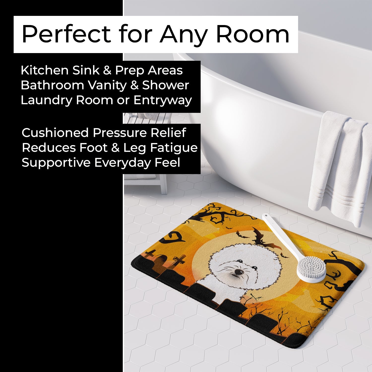 Halloween Bichon Frise Memory Foam Kitchen Mat Machine Washable Anti-Fatigue Cushion Comfort Bath or Kitchen Rug