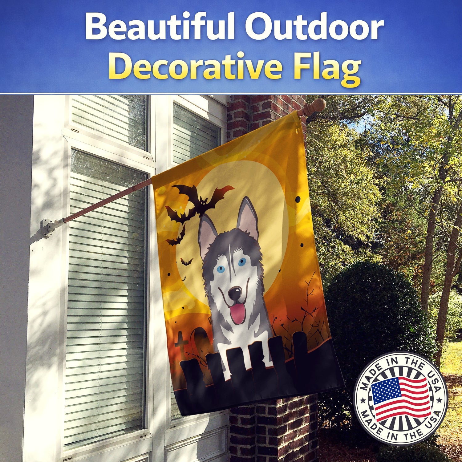 Halloween Alaskan Malamute House Flag 28x40 Porch Sleeve Pole Decorative Outside Yard Banner Artwork Wall Hanging, Polyester