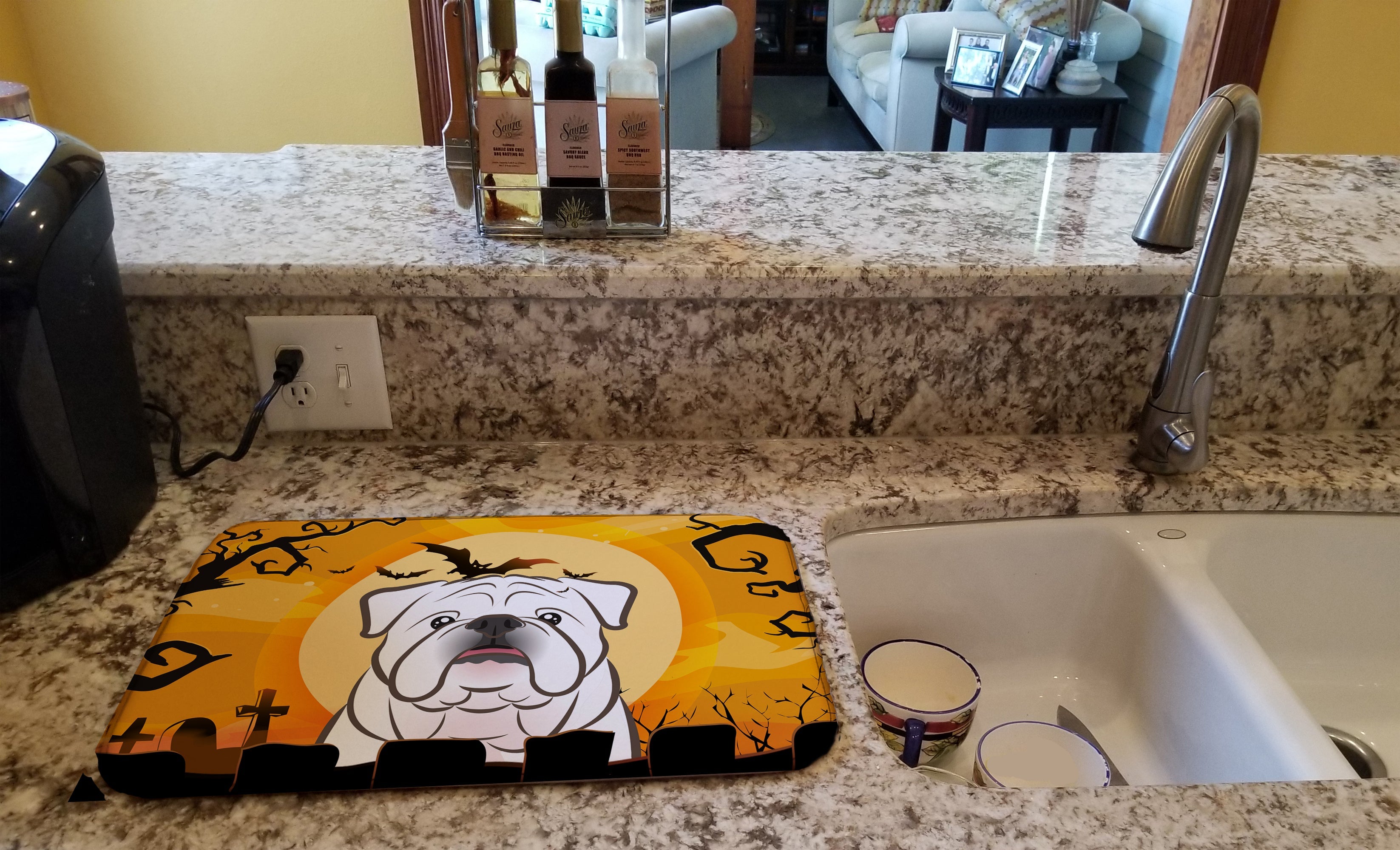 Halloween White English Bulldog  Dish Drying Mat Absorbent Dish Drying Mat Pad for Kitchen Counter Dish Drainer Mat for Countertop, 14 x 21", Multicolor