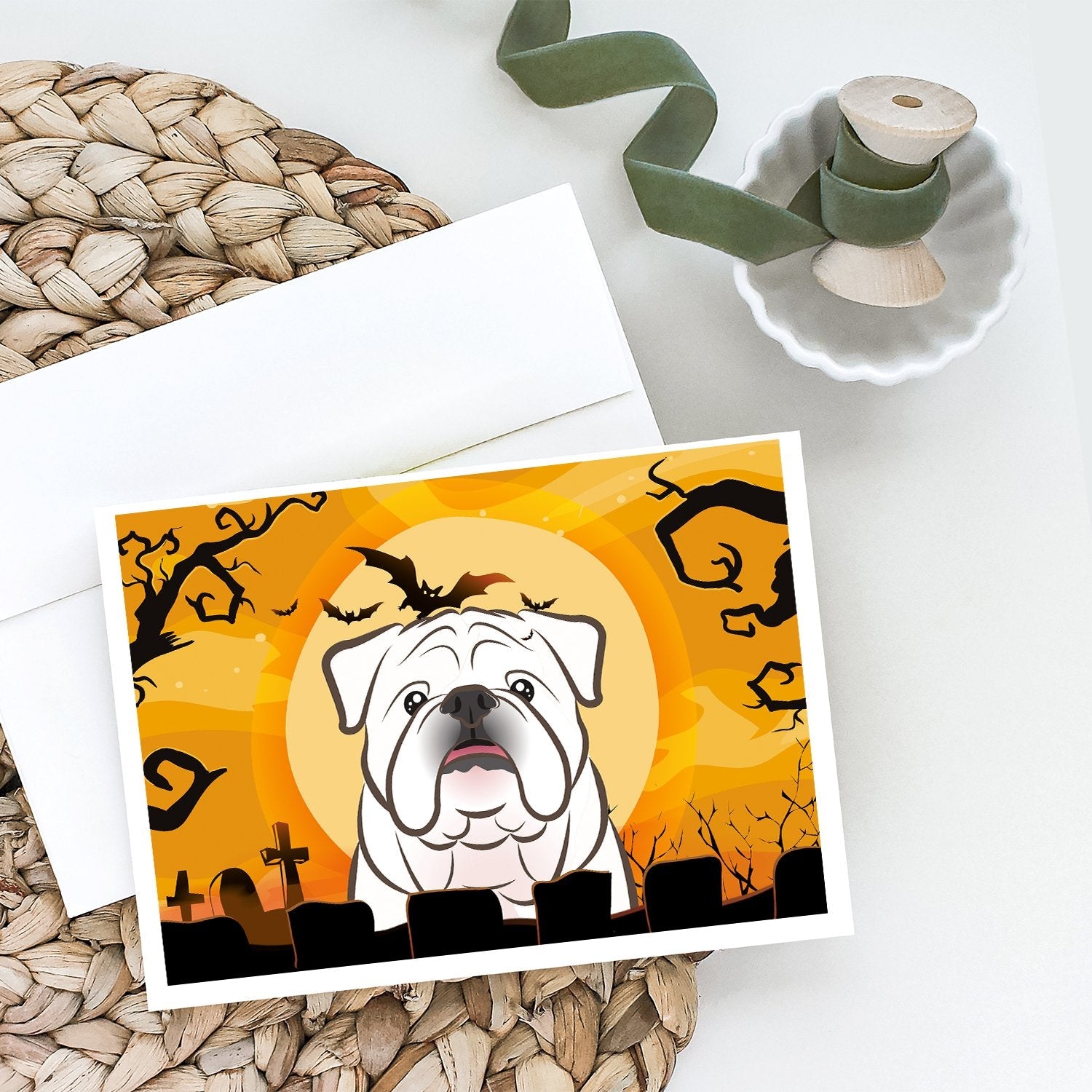 Halloween White English Bulldog  Greeting Cards Pack of 8 Blank Cards with Envelopes Whimsical A7 Size 5x7