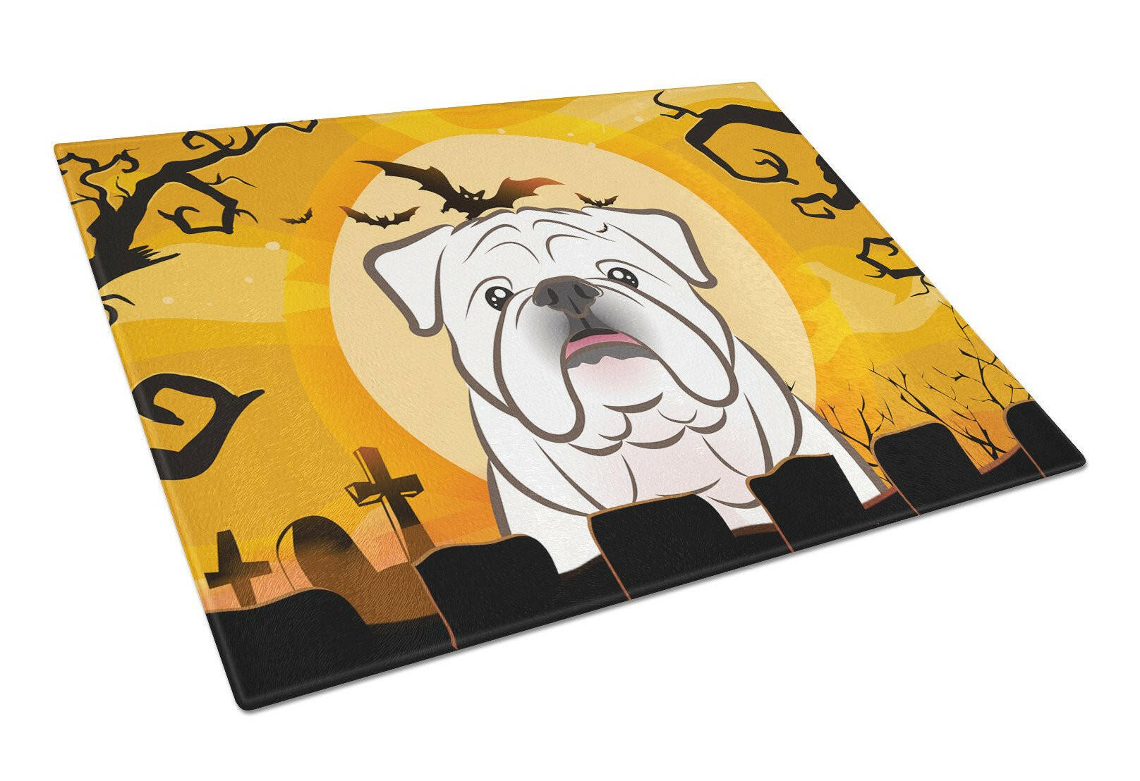 Halloween White English Bulldog  Cutting Board Tempered Glass Kitchen Cutting Surface, Heat Resistant Chopping, Non-Slip Feet, Food Prep & Serving