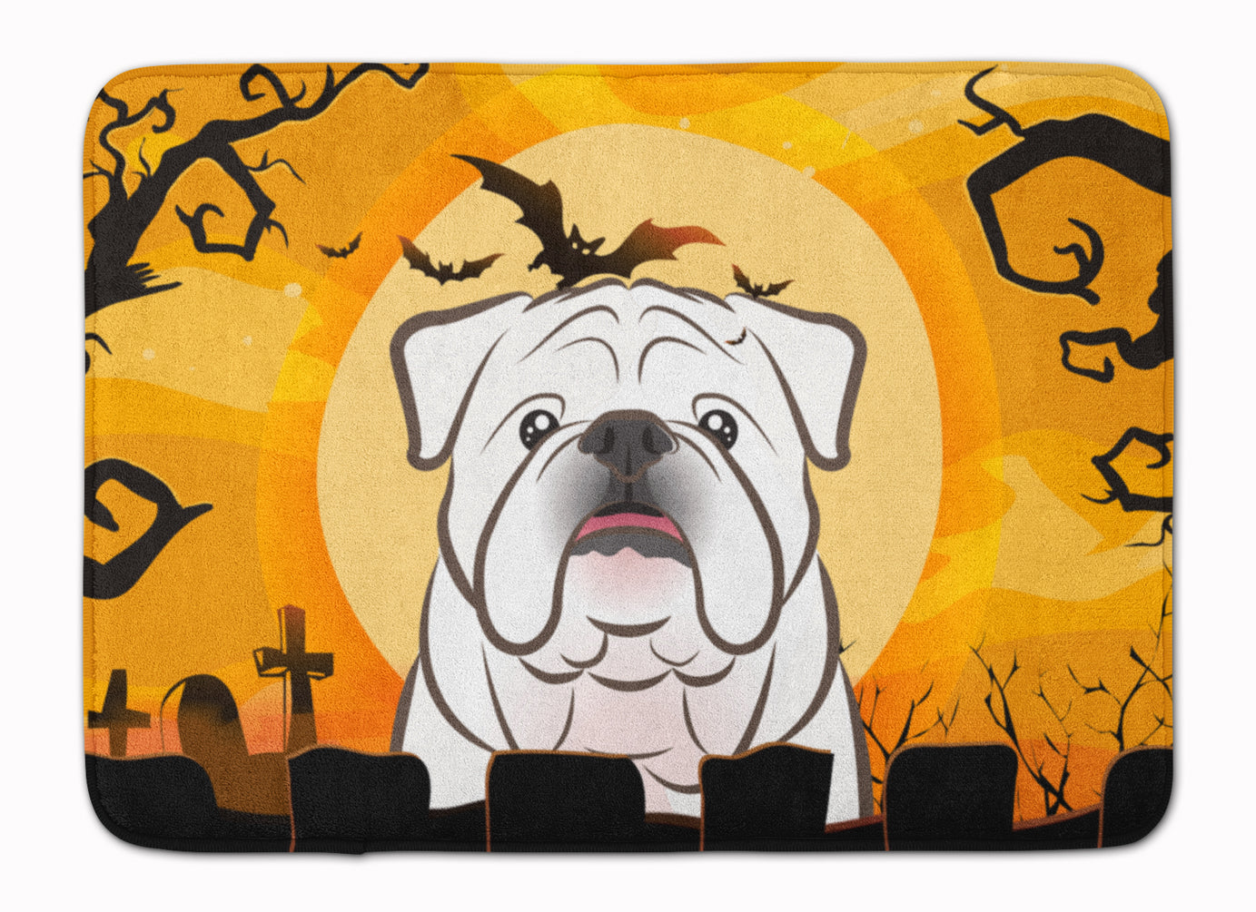 Halloween White English Bulldog  Memory Foam Kitchen Mat Machine Washable Anti-Fatigue Cushion Comfort Bath or Kitchen Rug