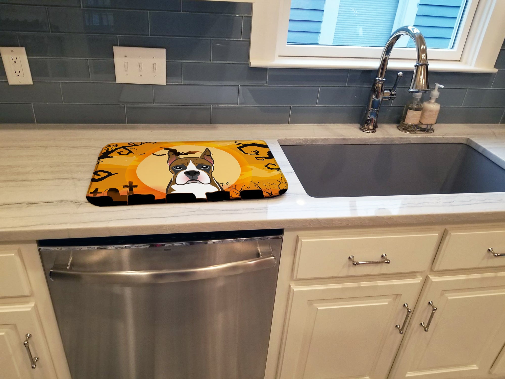 Halloween Boxer Dish Drying Mat Absorbent Dish Drying Mat Pad for Kitchen Counter Dish Drainer Mat for Countertop, 14 x 21", Multicolor