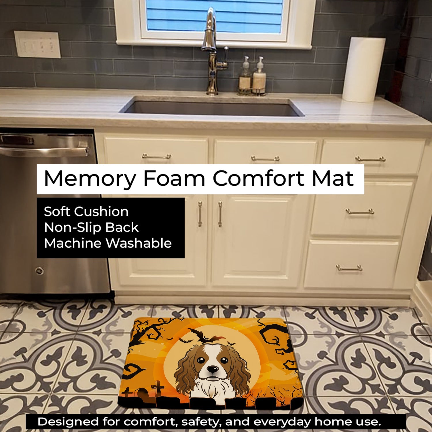Halloween Cavalier Spaniel Memory Foam Kitchen Mat Machine Washable Anti-Fatigue Cushion Comfort Bath or Kitchen Rug