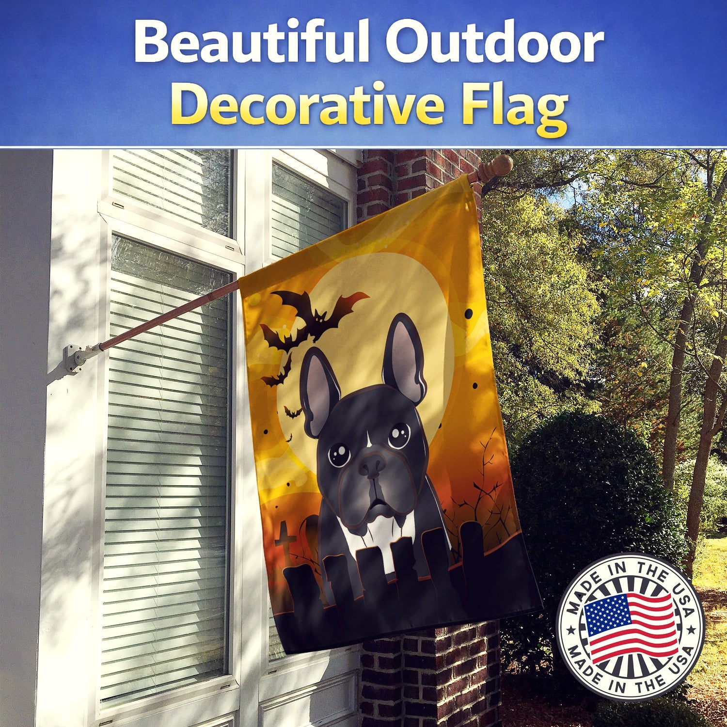 Halloween French Bulldog House Flag 28x40 Porch Sleeve Pole Decorative Outside Yard Banner Artwork Wall Hanging, Polyester