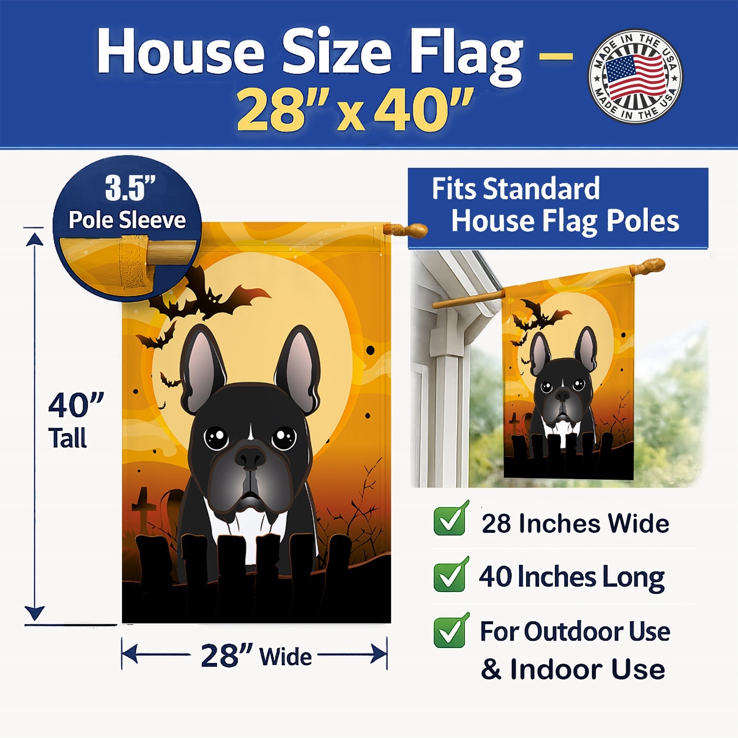 Halloween French Bulldog House Flag 28x40 Porch Sleeve Pole Decorative Outside Yard Banner Artwork Wall Hanging, Polyester