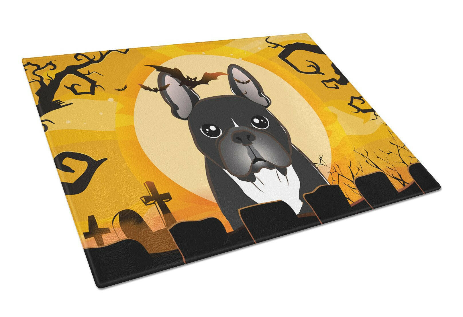 Halloween French Bulldog Cutting Board Tempered Glass Kitchen Cutting Surface, Heat Resistant Chopping, Non-Slip Feet, Food Prep & Serving