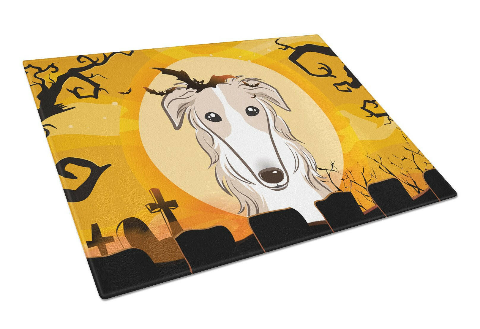 Halloween Borzoi Cutting Board Tempered Glass Kitchen Cutting Surface, Heat Resistant Chopping, Non-Slip Feet, Food Prep & Serving