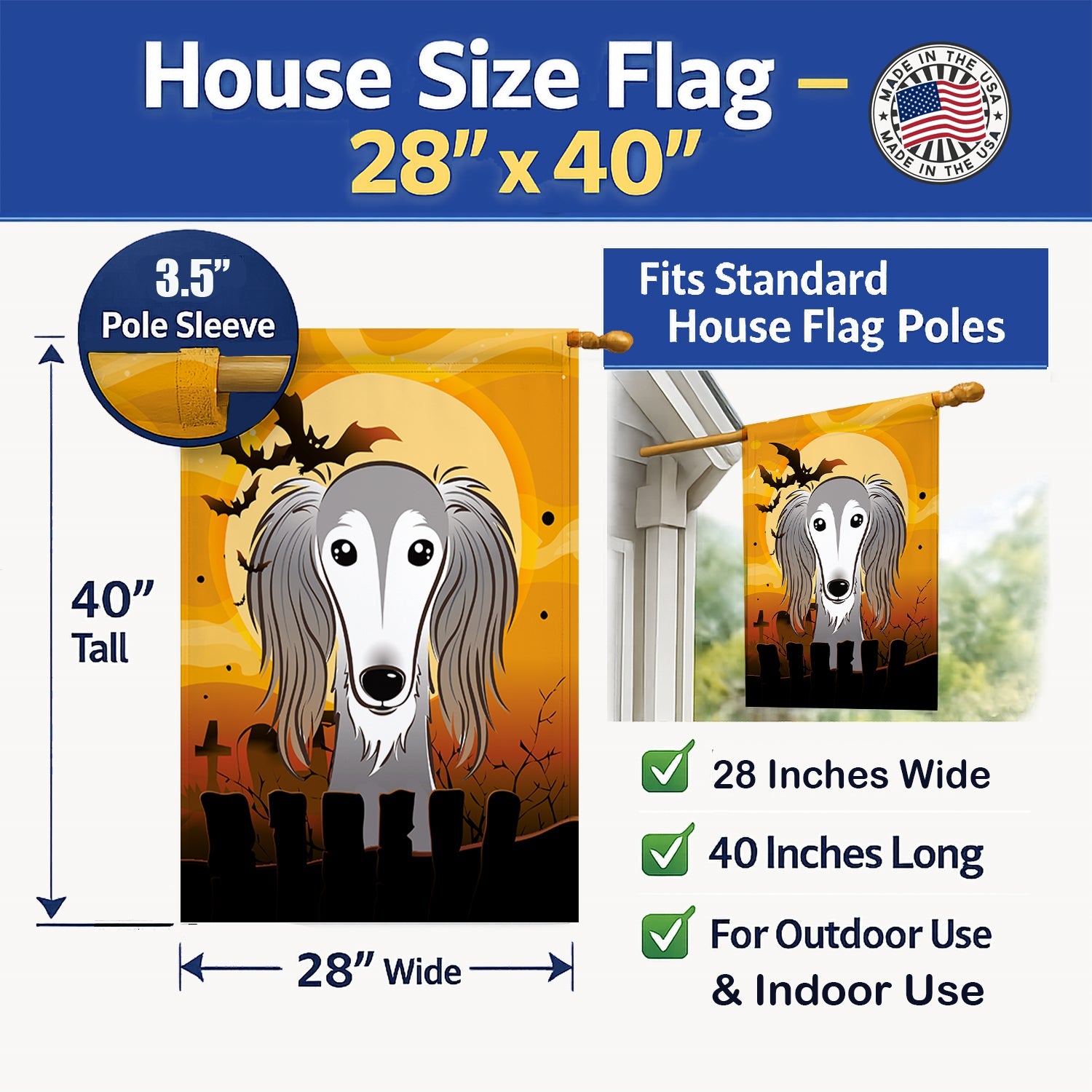 Halloween Saluki House Flag 28x40 Porch Sleeve Pole Decorative Outside Yard Banner Artwork Wall Hanging, Polyester