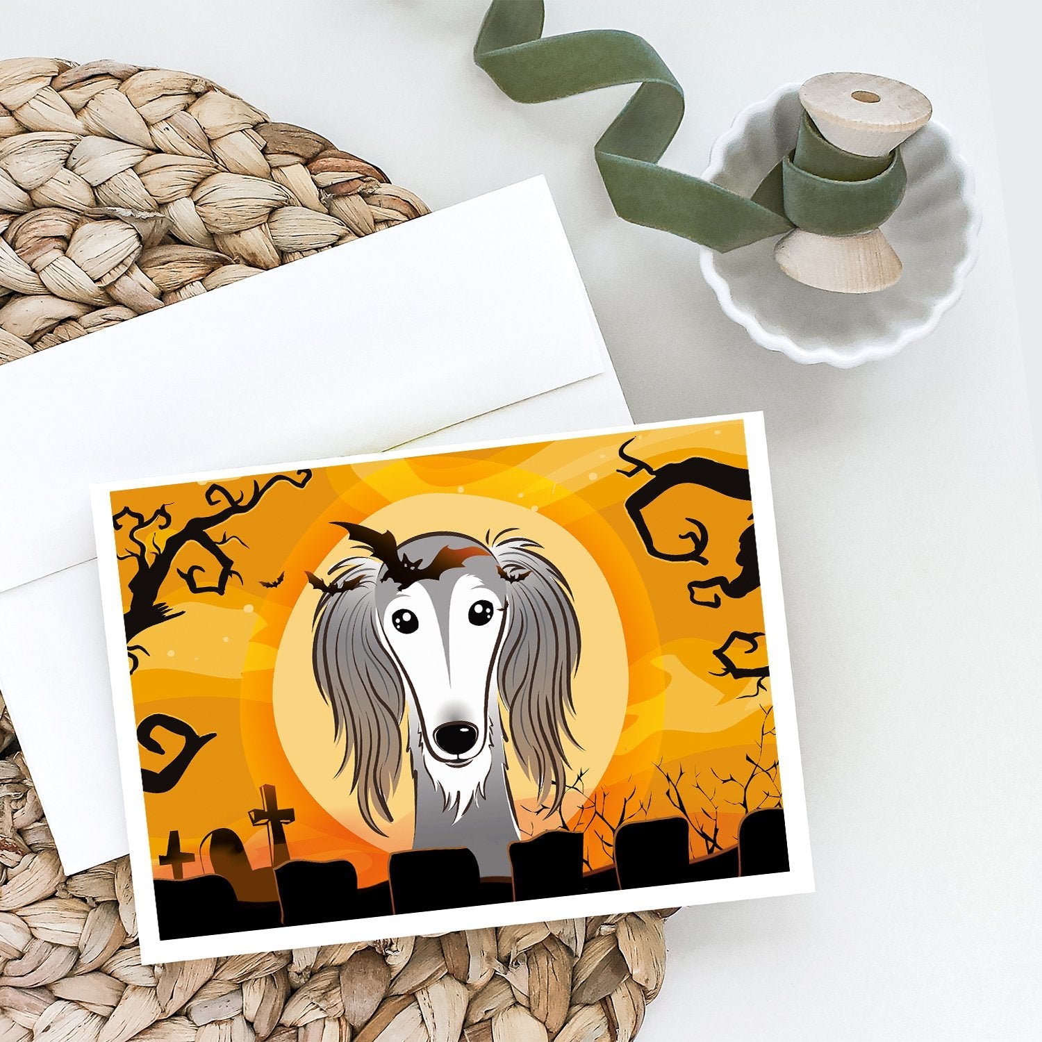 Halloween Saluki Greeting Cards Pack of 8 Blank Cards with Envelopes Whimsical A7 Size 5x7
