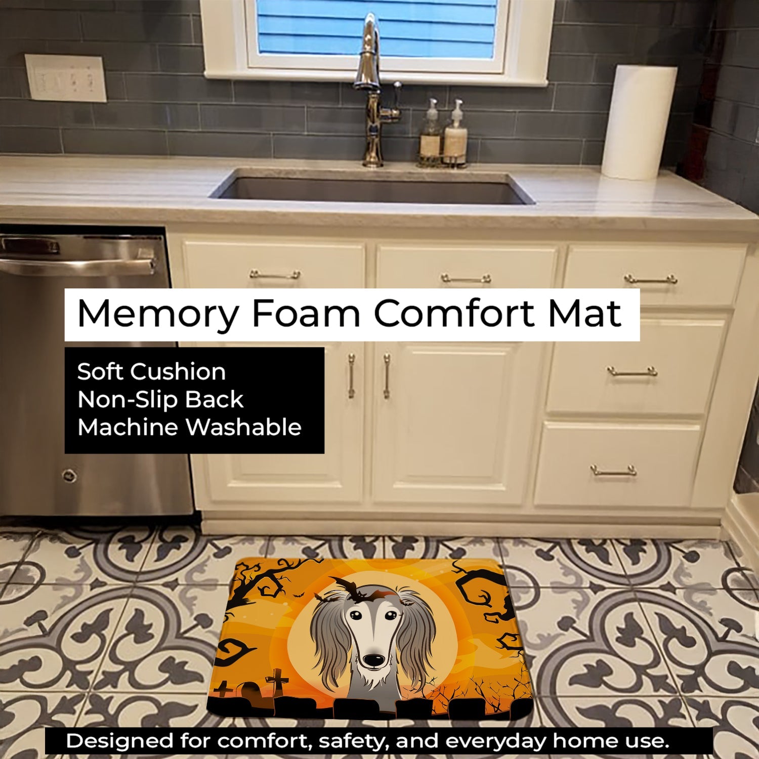 Halloween Saluki Memory Foam Kitchen Mat Machine Washable Anti-Fatigue Cushion Comfort Bath or Kitchen Rug