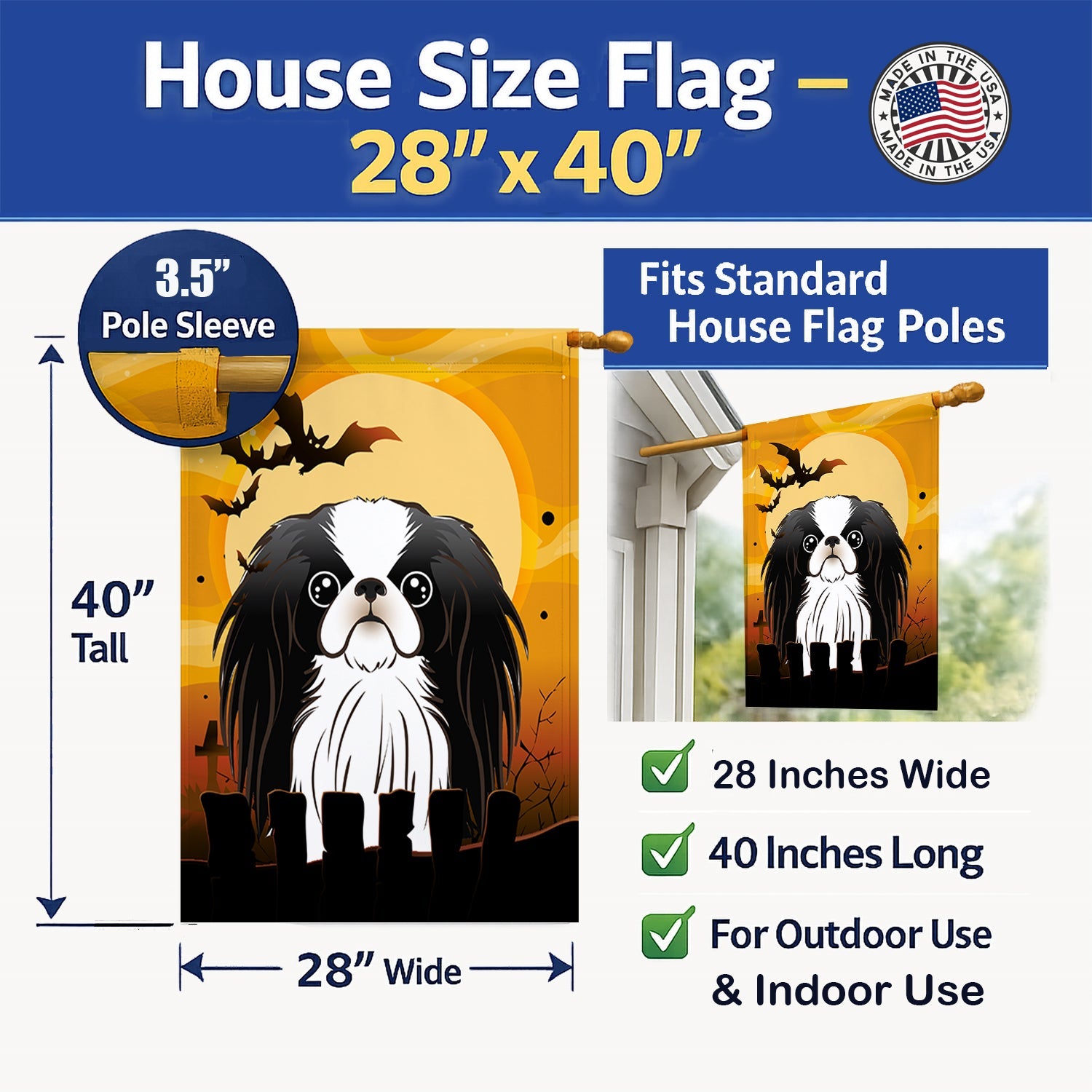 Halloween Japanese Chin House Flag 28x40 Porch Sleeve Pole Decorative Outside Yard Banner Artwork Wall Hanging, Polyester